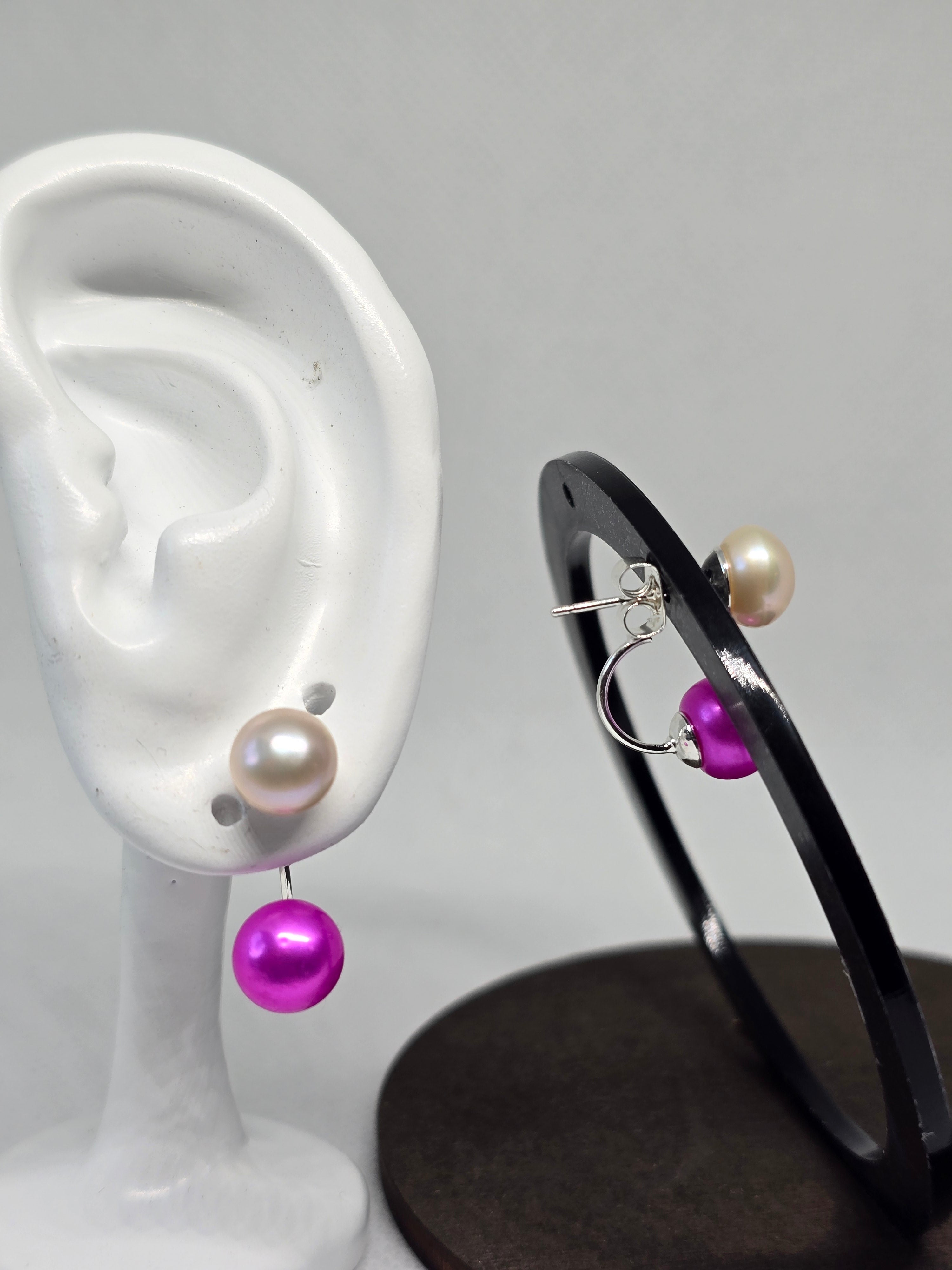 Double Pearl Drop Earrings — White & Fuchsia Freshwater Pearl