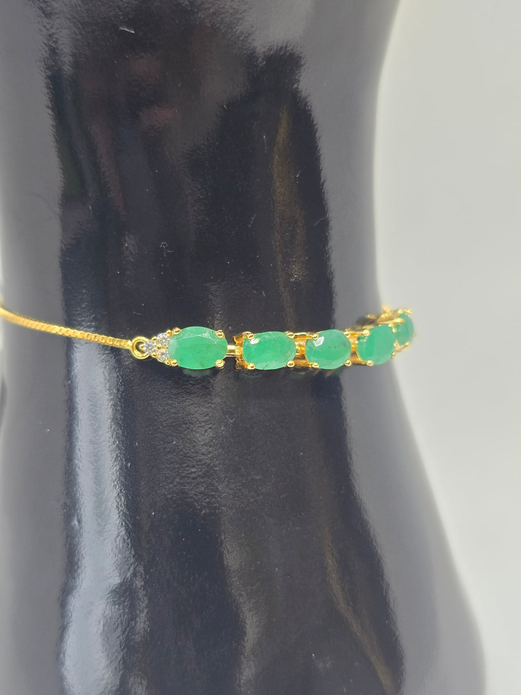 Natural Emerald Five-Stone Adjustable Bracelet – S925 Yellow Gold Plated