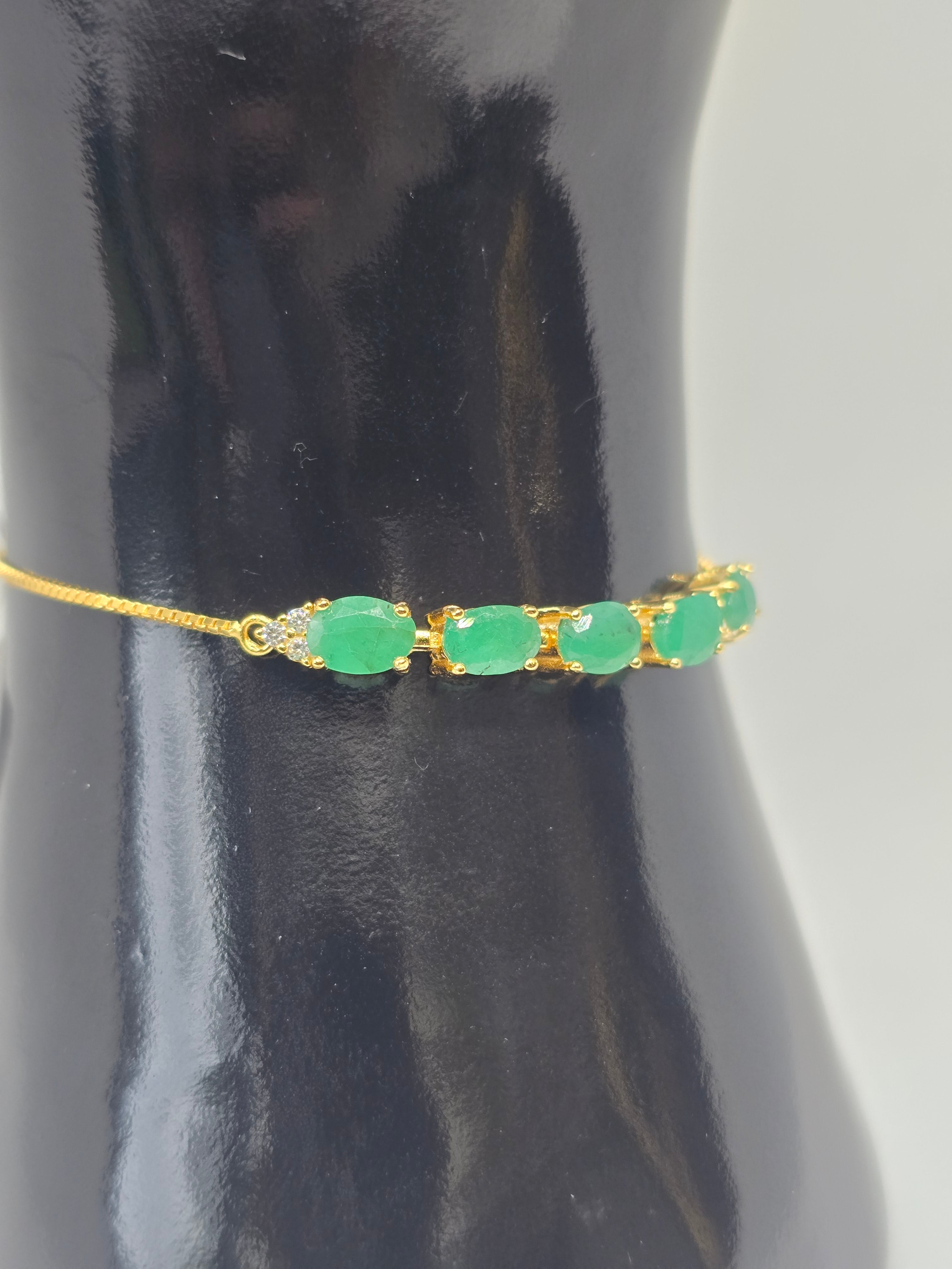 Natural Emerald Five-Stone Adjustable Bracelet – S925 Yellow Gold Plated
