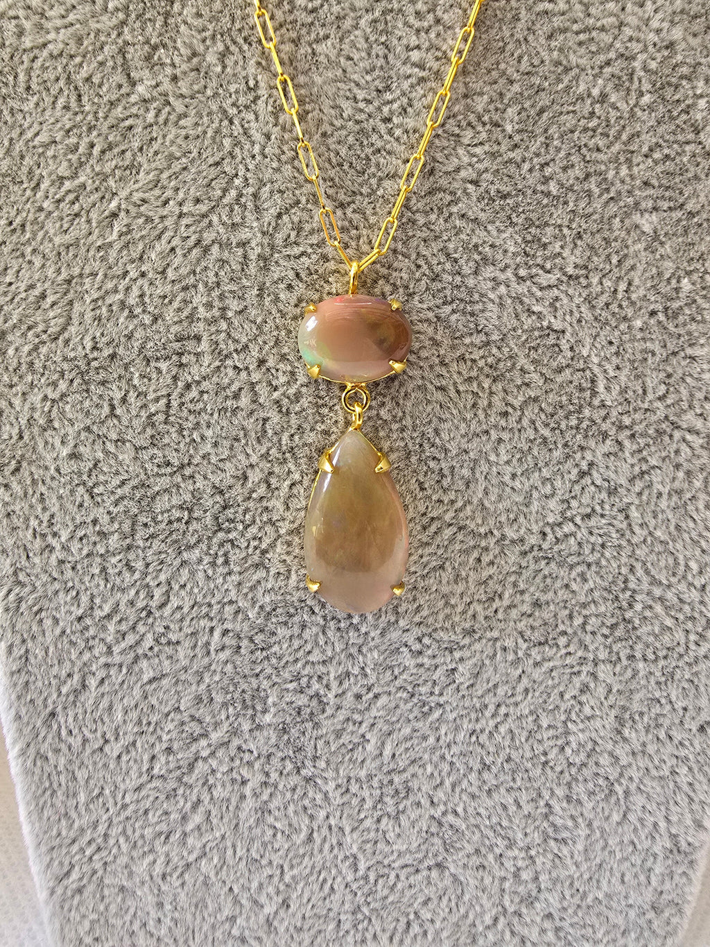 Ethiopian Opal Double Drop Necklace | S925 Yellow Gold Setting