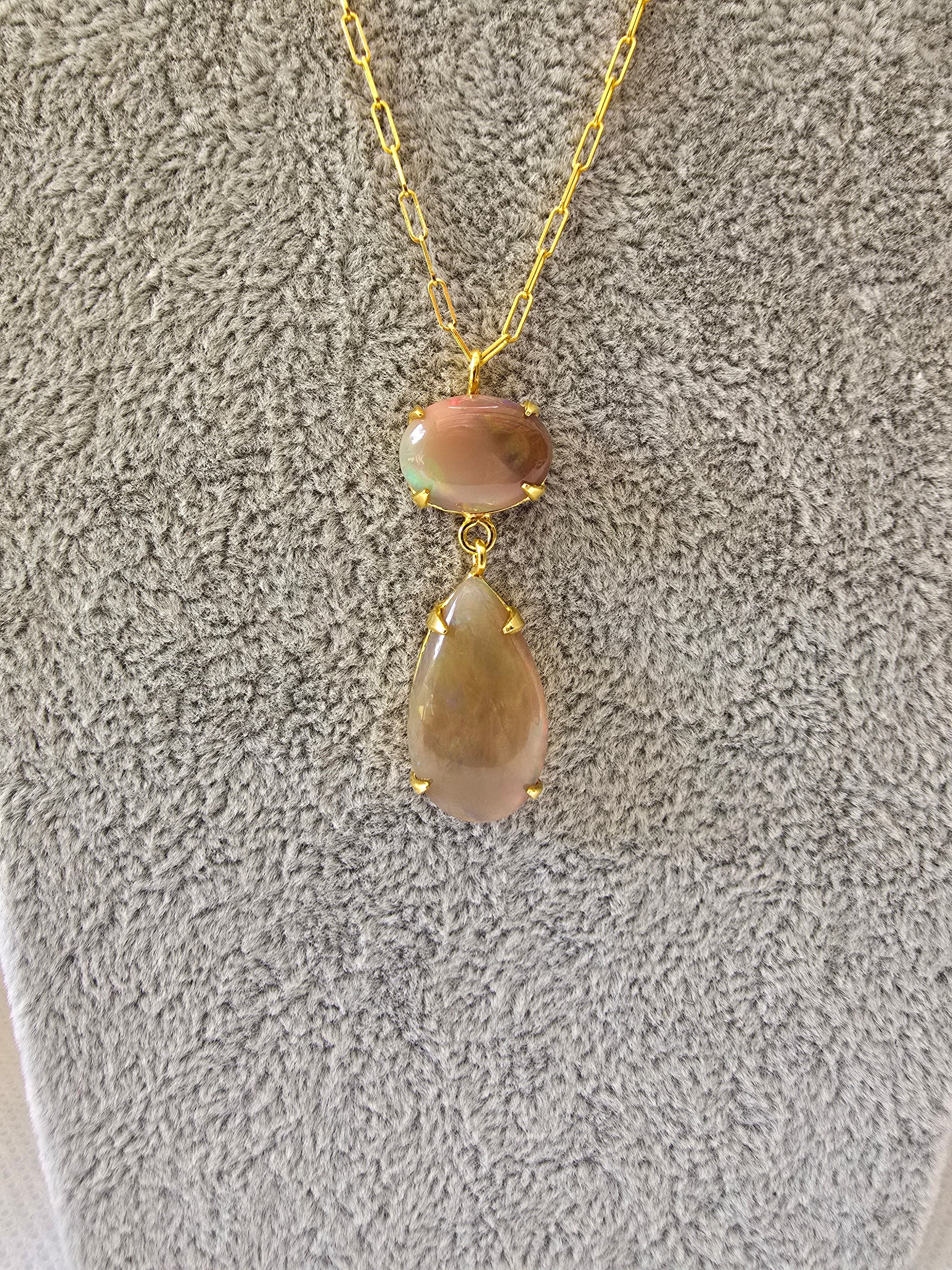 Ethiopian Opal Double Drop Necklace | S925 Yellow Gold Setting