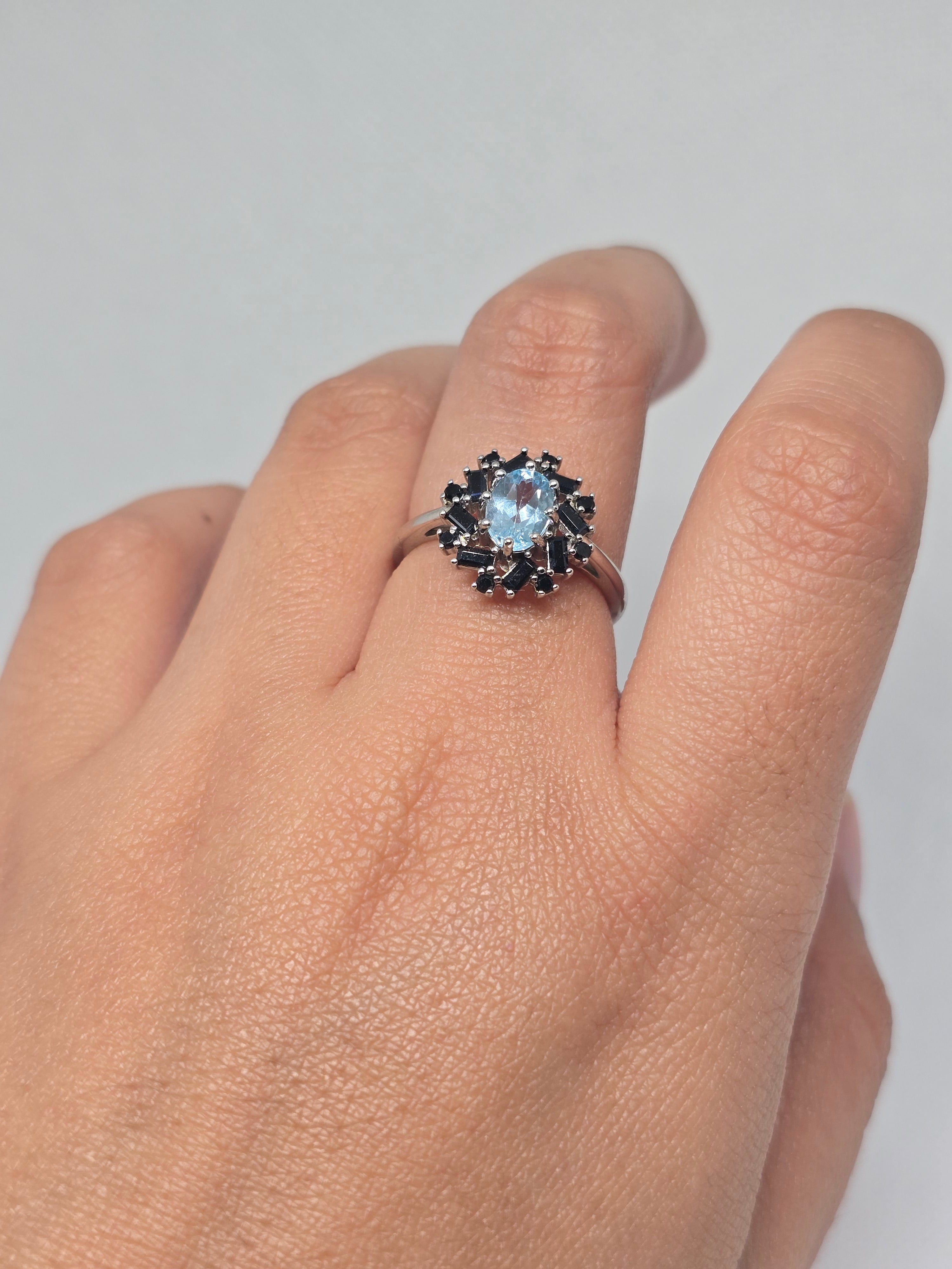 Blue Topaz & Black Spinel Starburst Halo Ring in S925 Silver