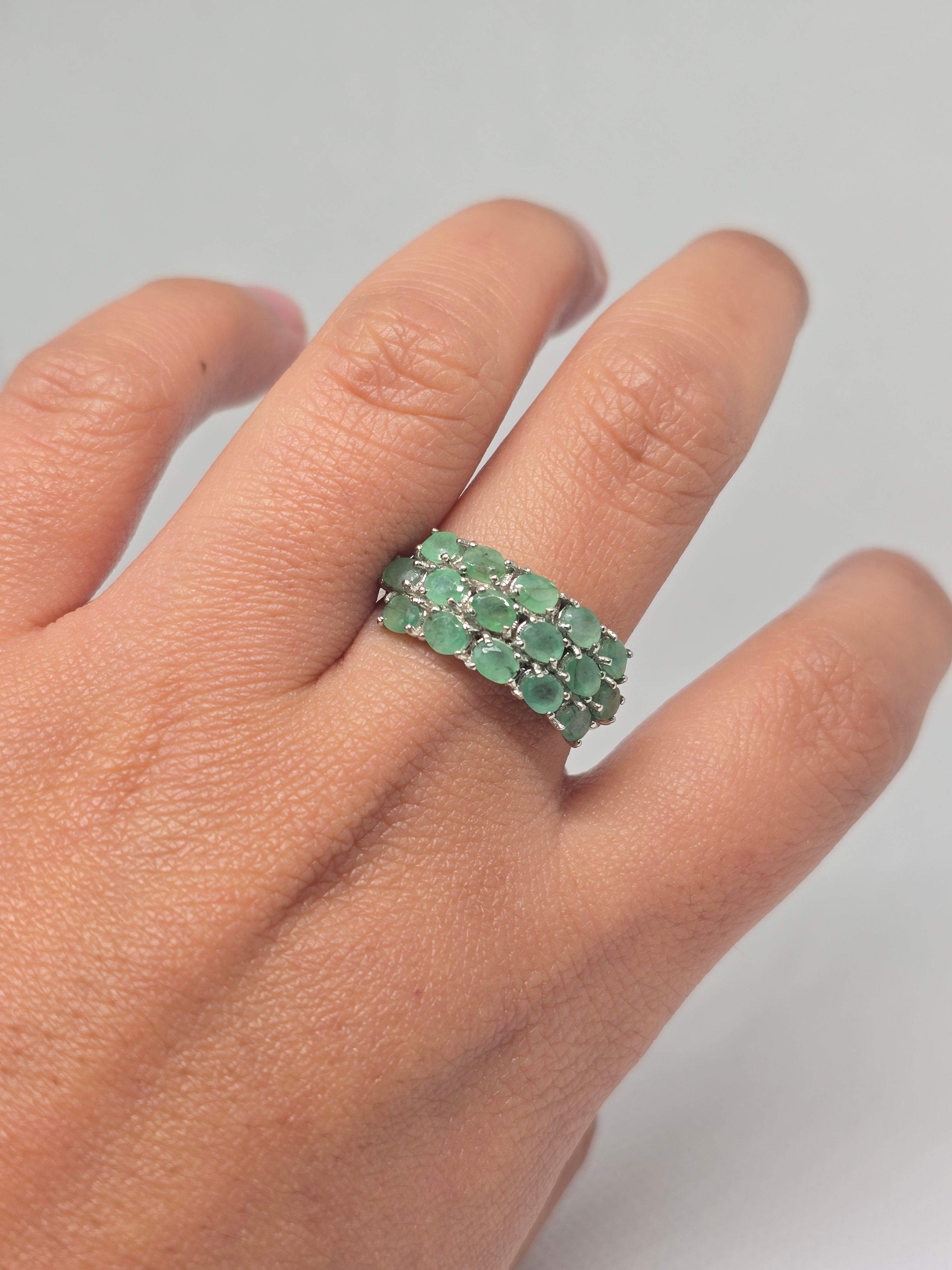 Triple Row Emerald Cabochon Sterling Silver Band Ring