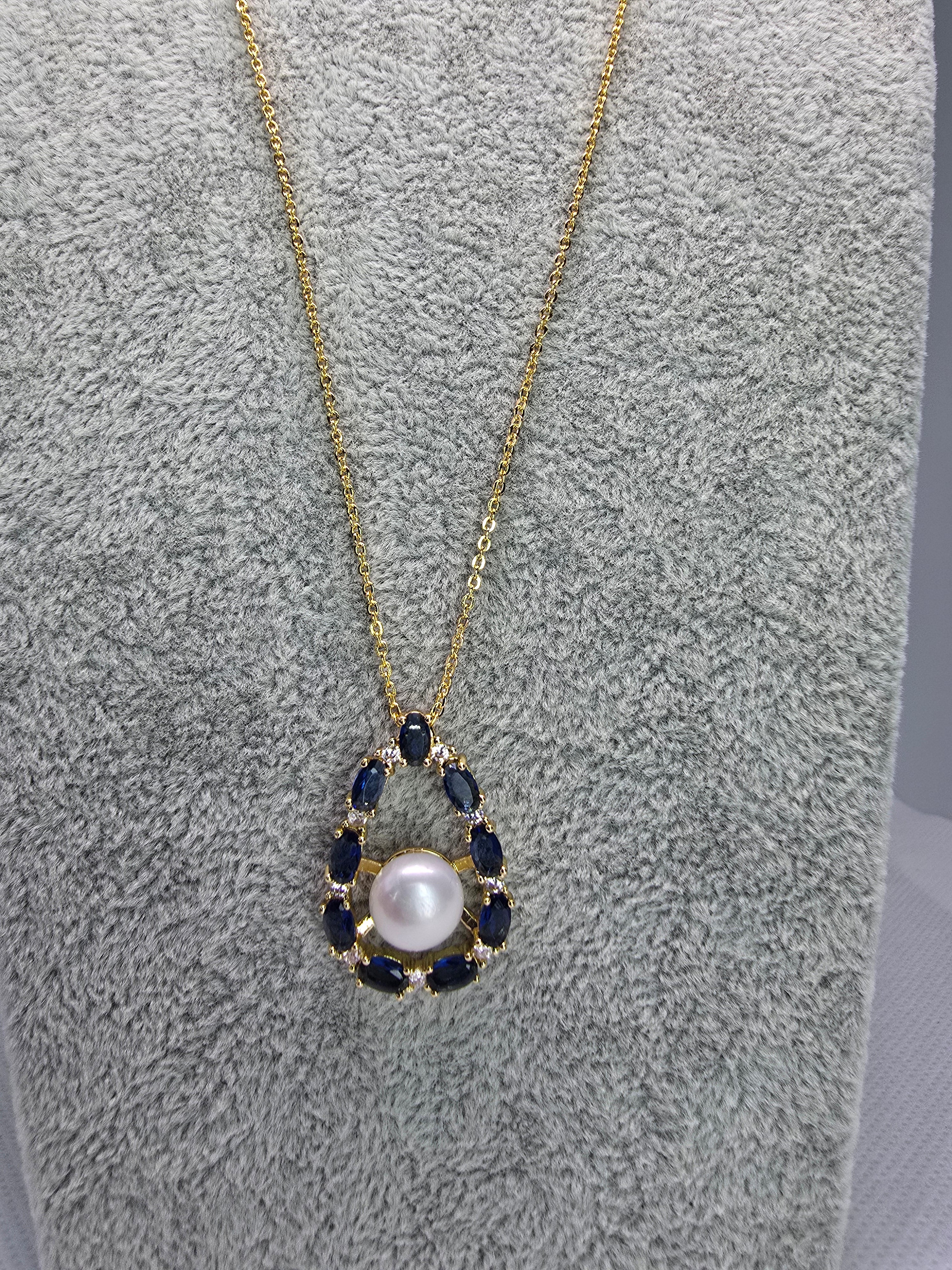 9.1mm Freshwater Pearl & Blue Sapphire Jewellery Set – Ring, Necklace & Earrings