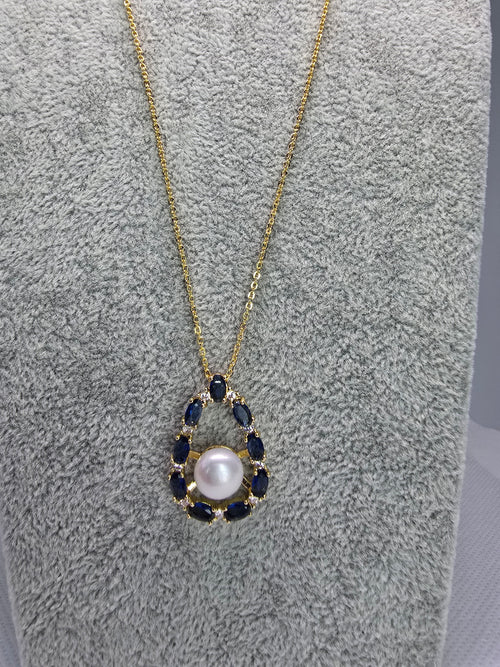 9.1mm Freshwater Pearl & Blue Sapphire Jewellery Set – Ring, Necklace & Earrings