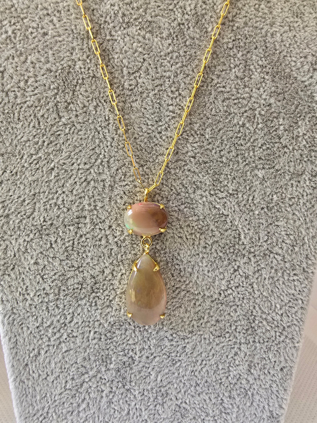Ethiopian Opal Double Drop Necklace | S925 Yellow Gold Setting