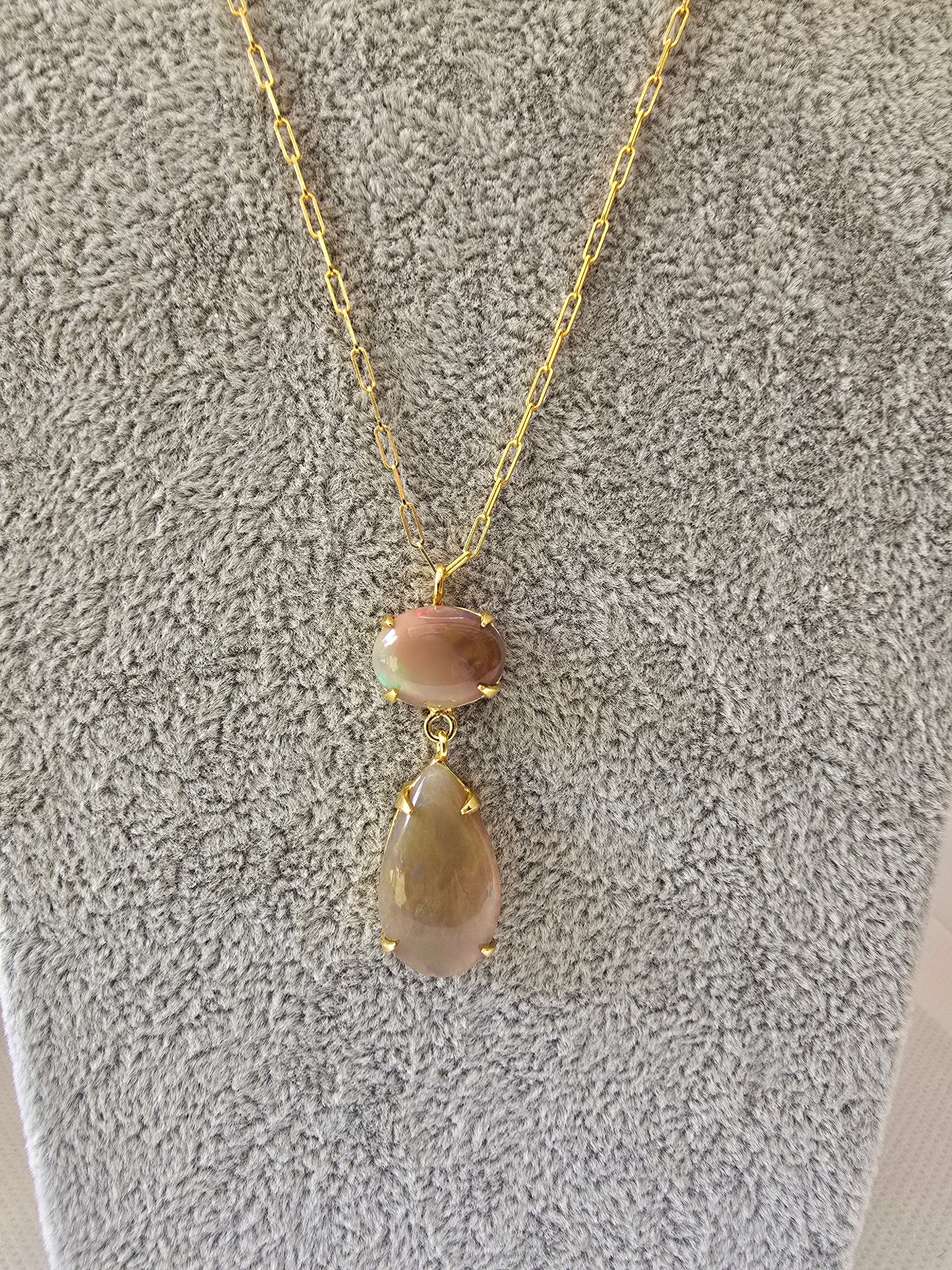 Ethiopian Opal Double Drop Necklace | S925 Yellow Gold Setting