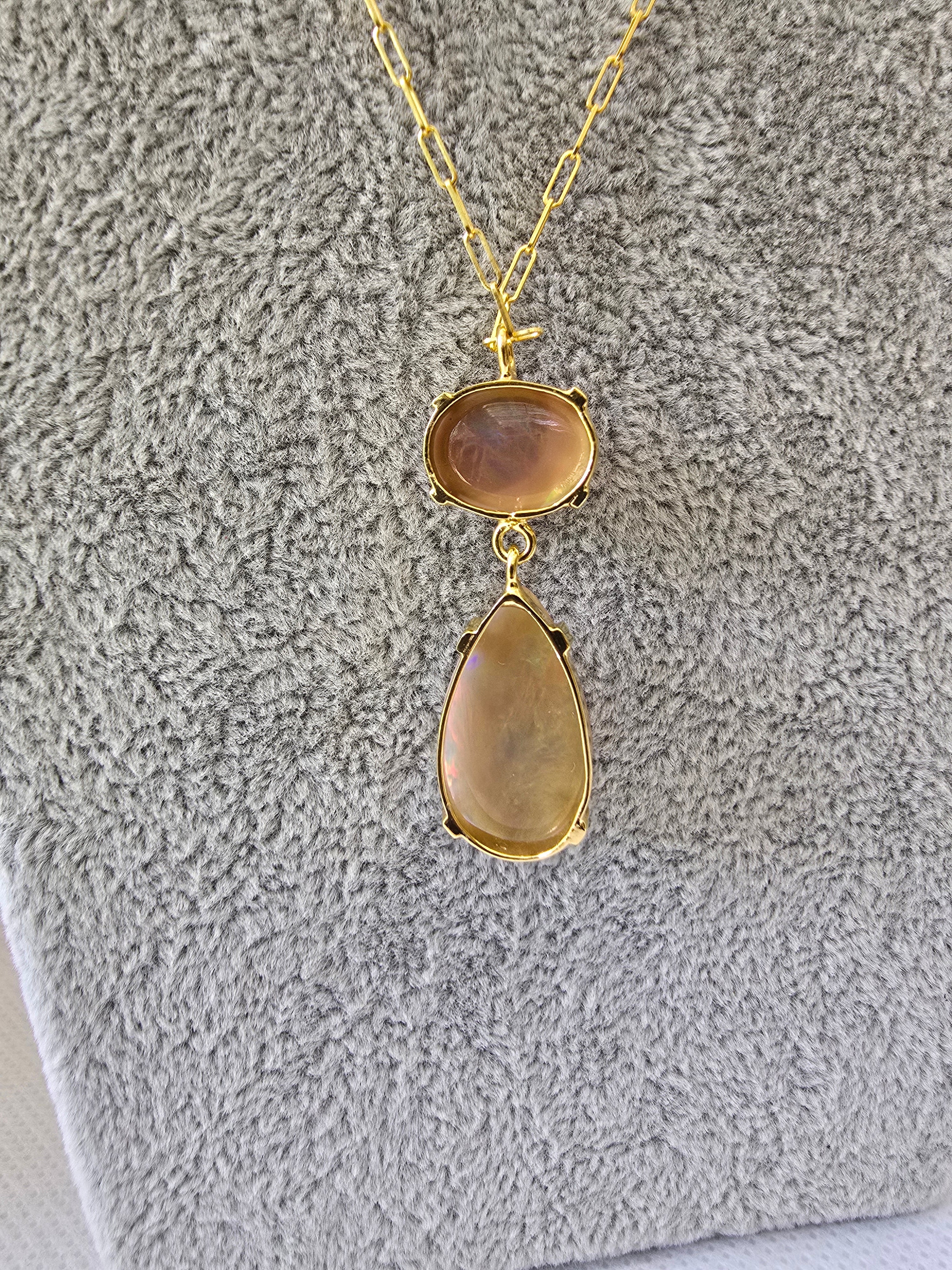 Ethiopian Opal Double Drop Necklace | S925 Yellow Gold Setting