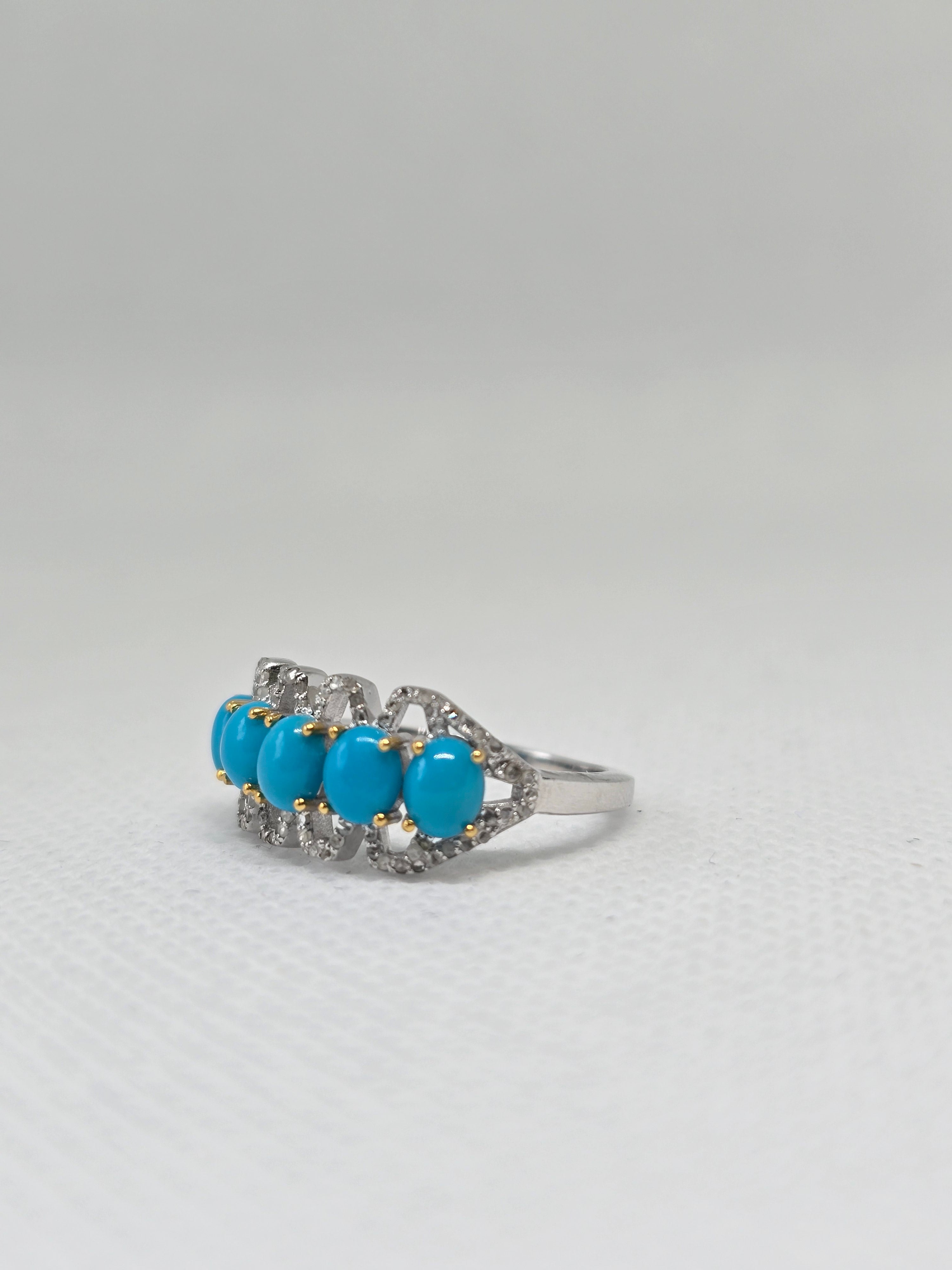 Natural Turquoise & Diamond Five-Stone Ring – S925 Sterling Silver | AGA Certified