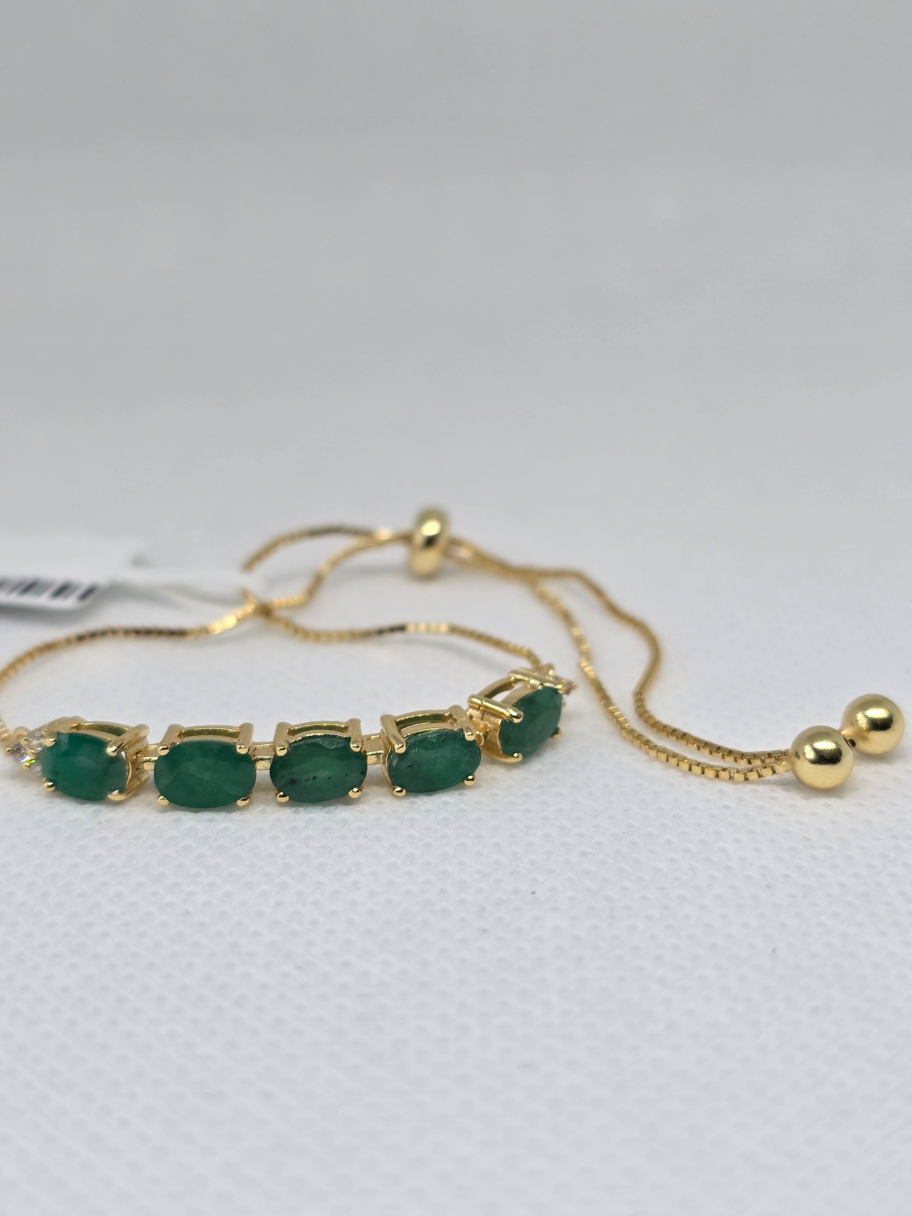 Natural Emerald Five-Stone Adjustable Bracelet – S925 Yellow Gold Plated
