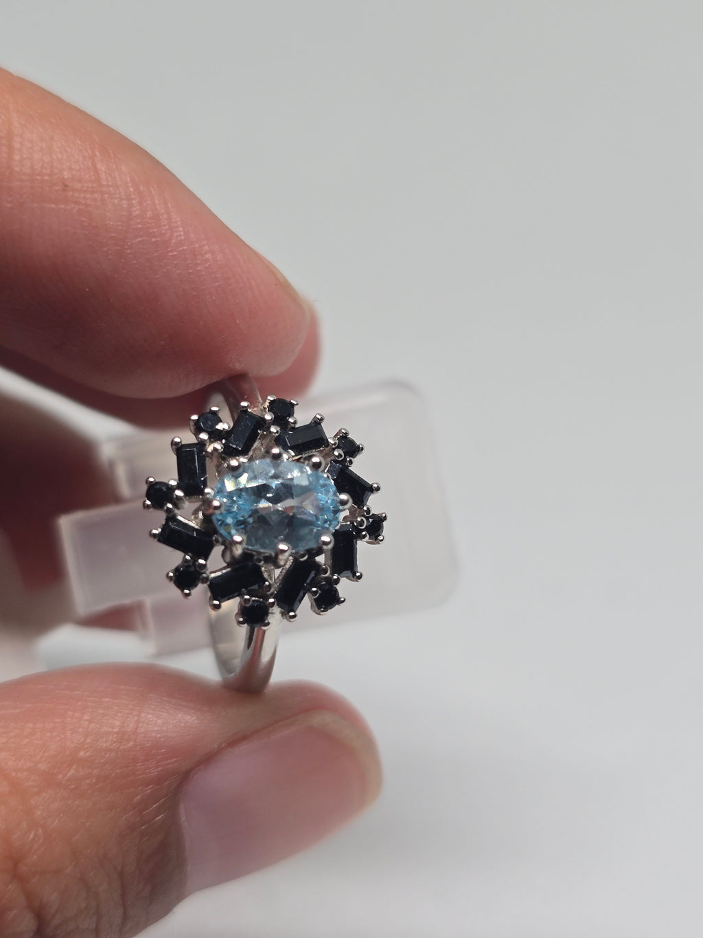 Blue Topaz & Black Spinel Starburst Halo Ring in S925 Silver