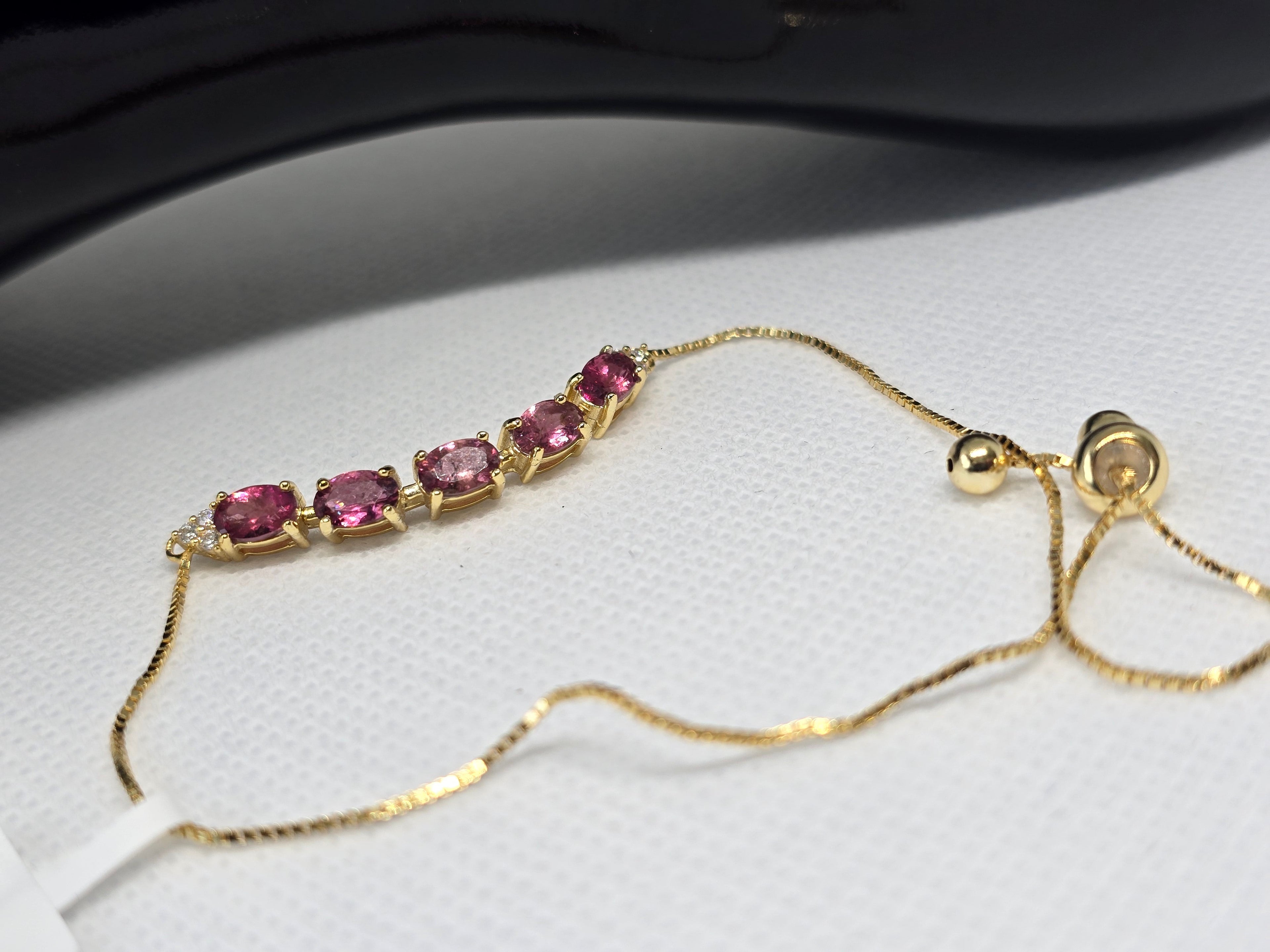 Natural Pink Tourmaline Adjustable Bolo Bracelet – S925 Yellow Gold Plated