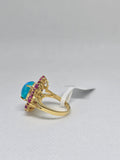 Blue Opal & Ruby Halo Ring – S925 Yellow Gold Plated