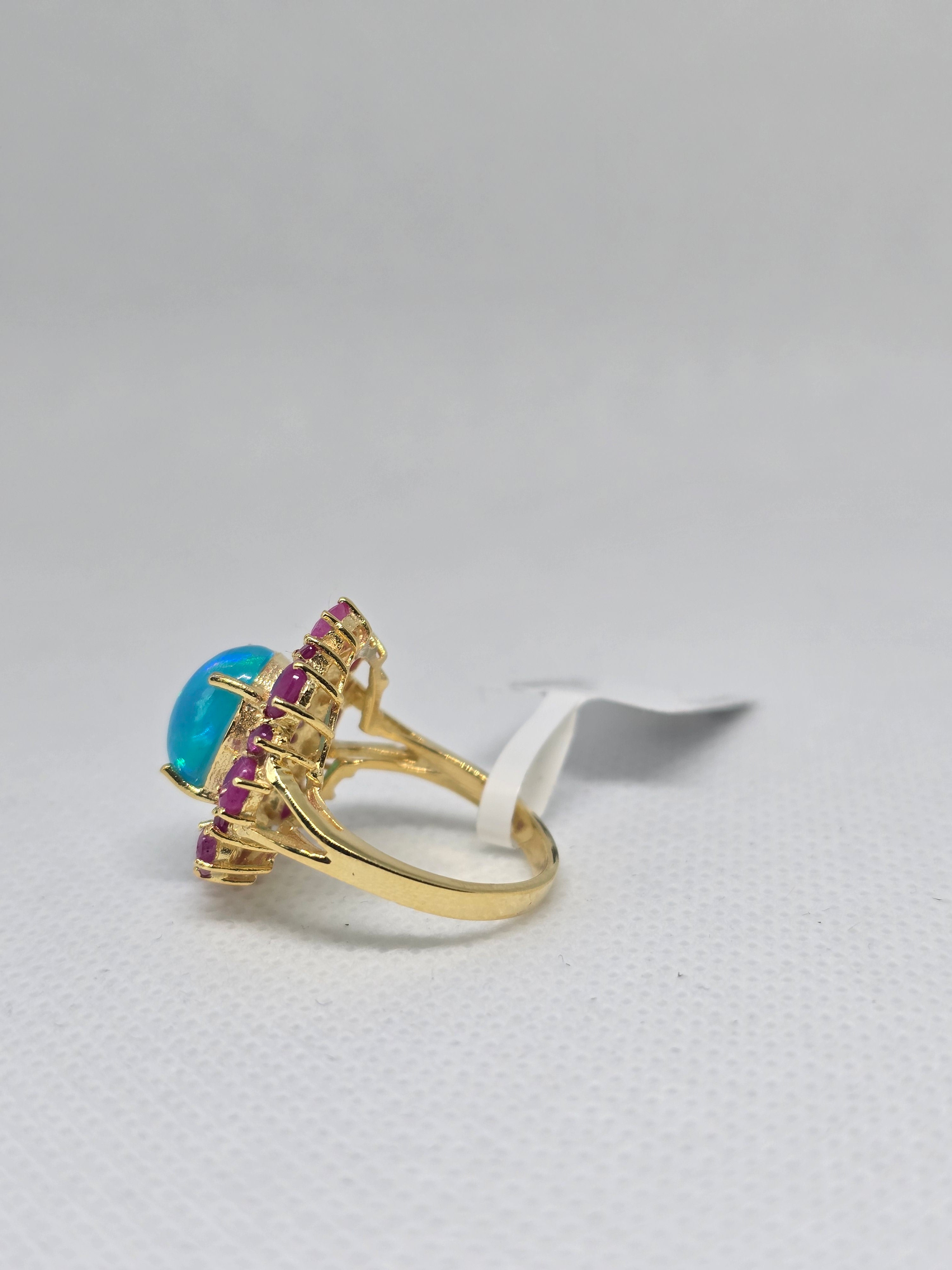 Blue Opal & Ruby Halo Ring – S925 Yellow Gold Plated