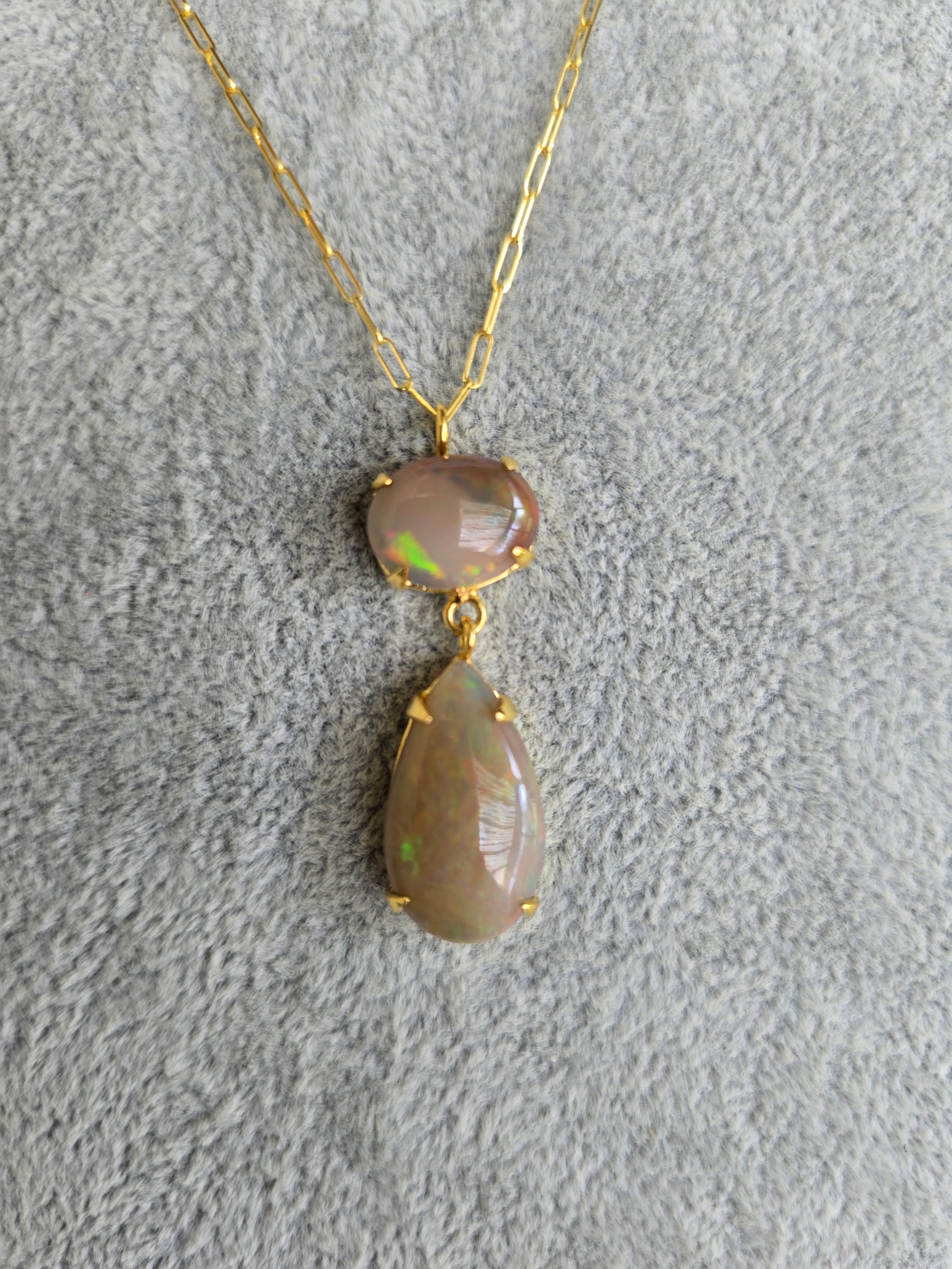 Ethiopian Opal Double Drop Necklace | S925 Yellow Gold Setting