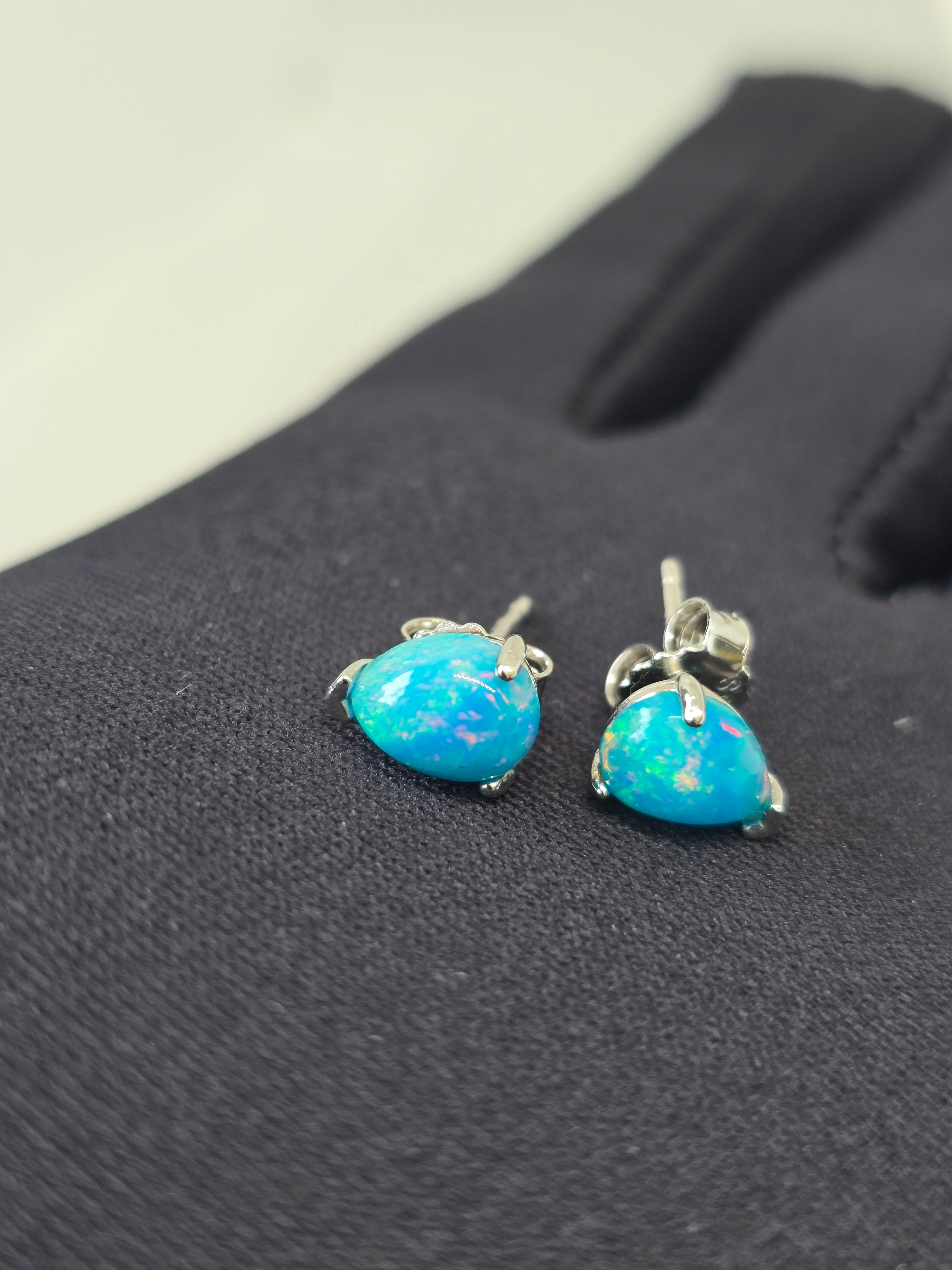 Blue Opal Teardrop Stud Earrings – S925 Sterling Silver