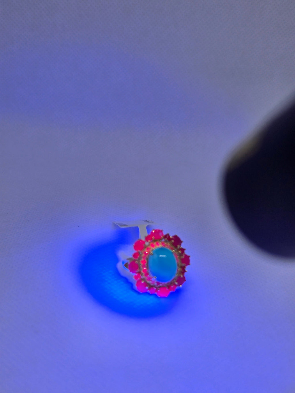 Blue Opal & Ruby Halo Ring – S925 Yellow Gold Plated