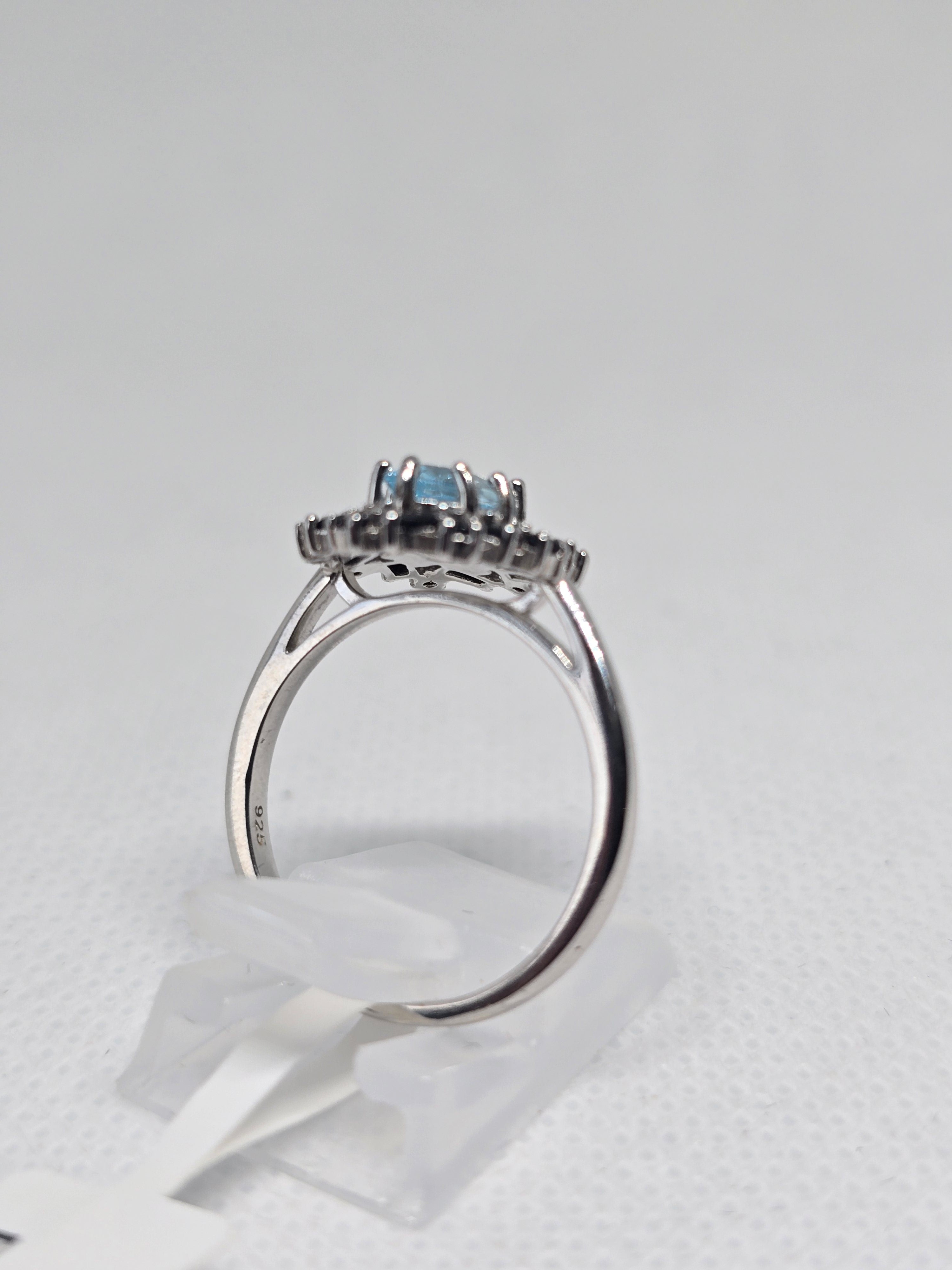 Blue Topaz & Black Spinel Starburst Halo Ring in S925 Silver