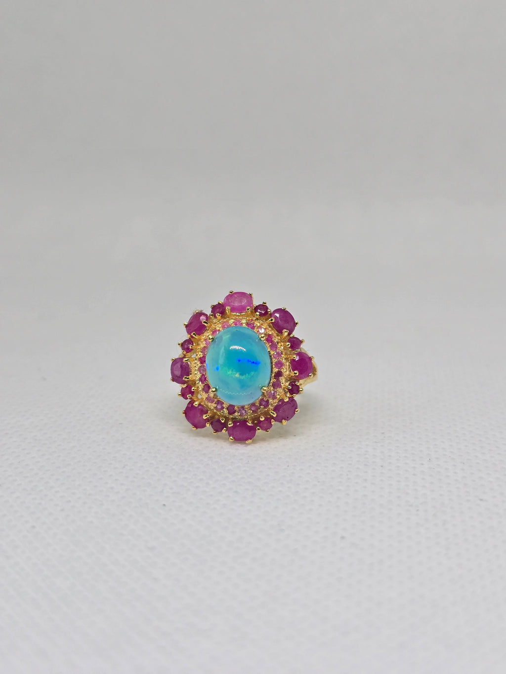 Blue Opal & Ruby Halo Ring – S925 Yellow Gold Plated