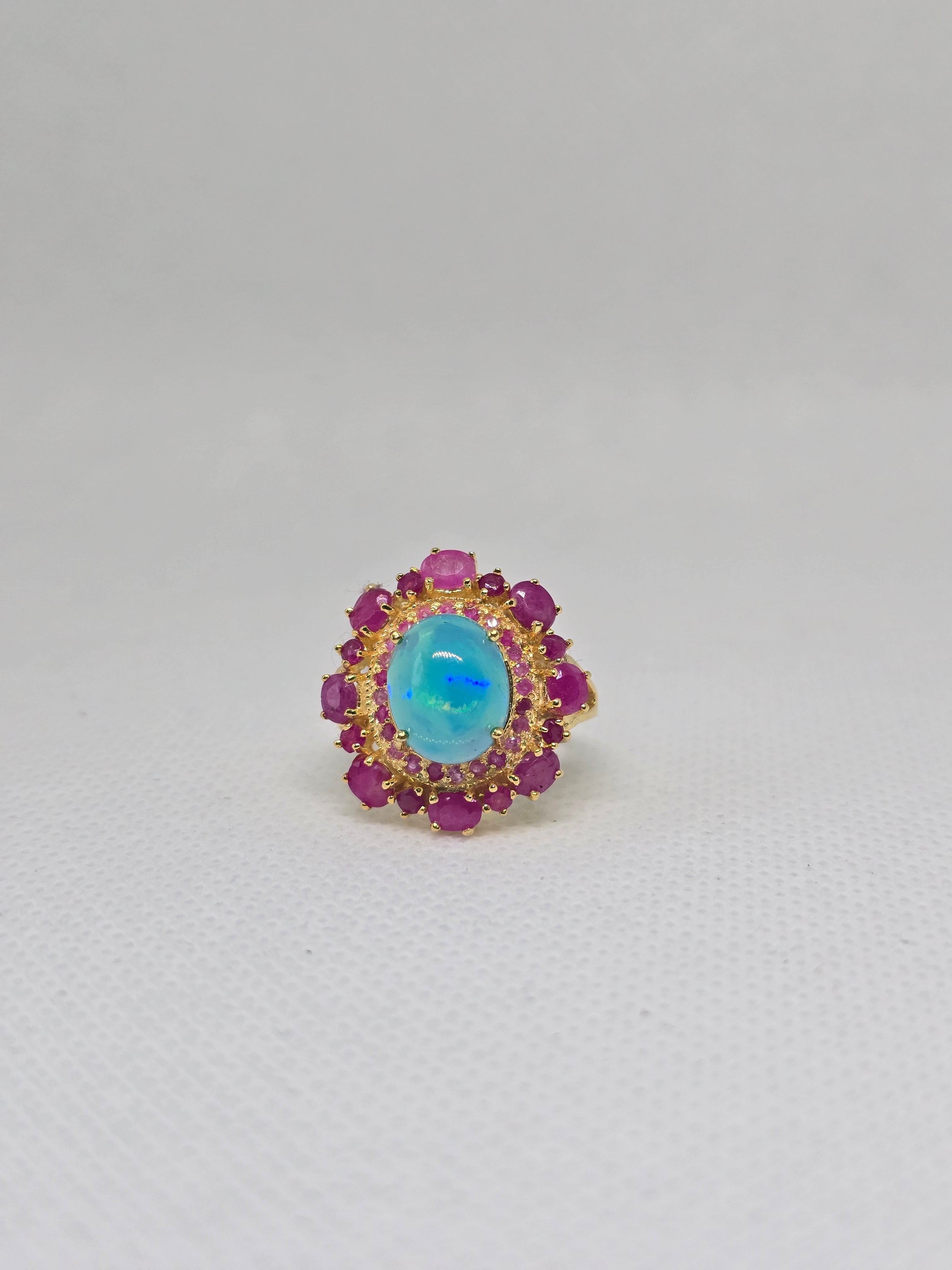 Blue Opal & Ruby Halo Ring – S925 Yellow Gold Plated