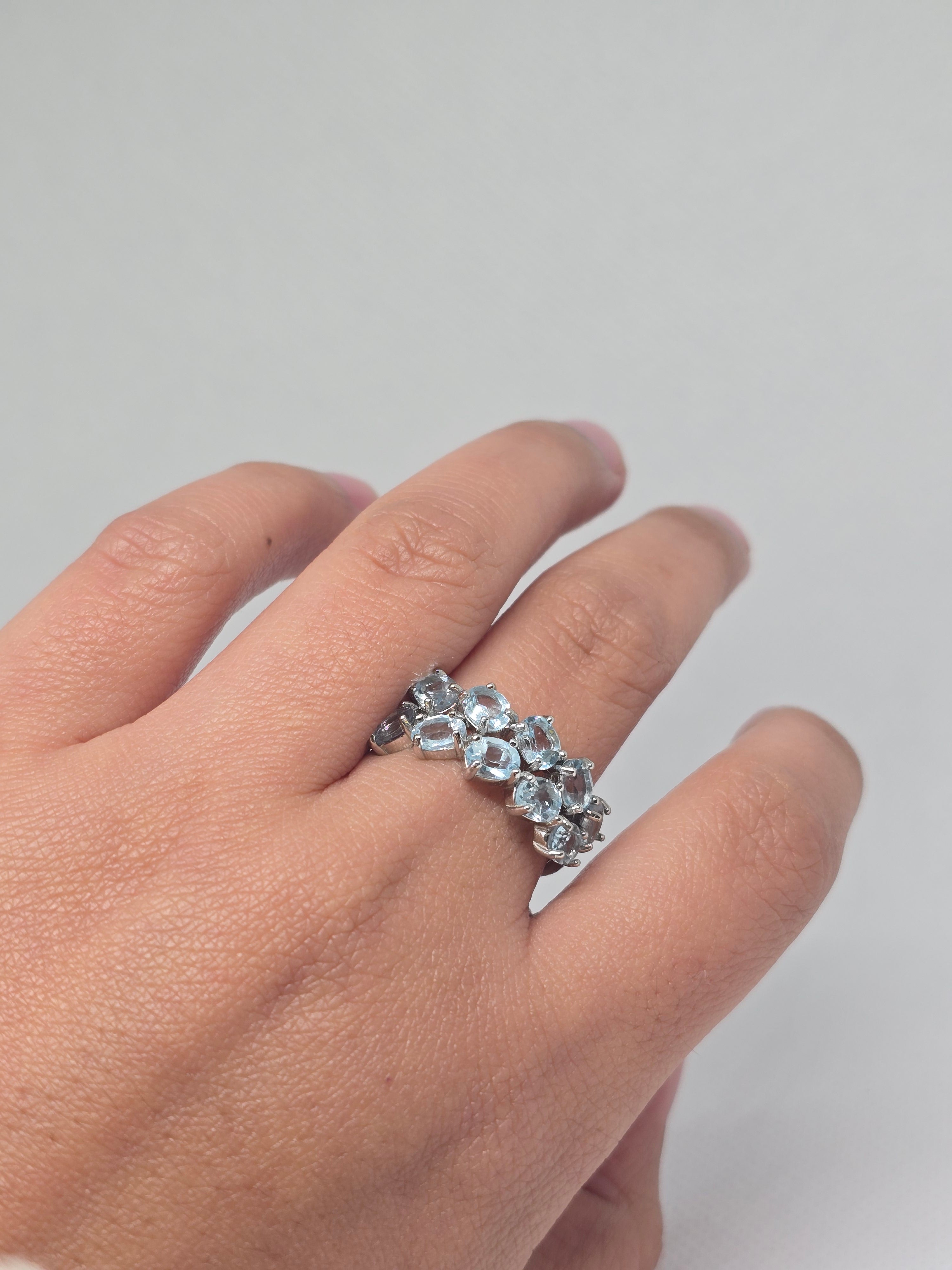 Blue Topaz Double Row Cluster Ring – S925 Sterling Silver