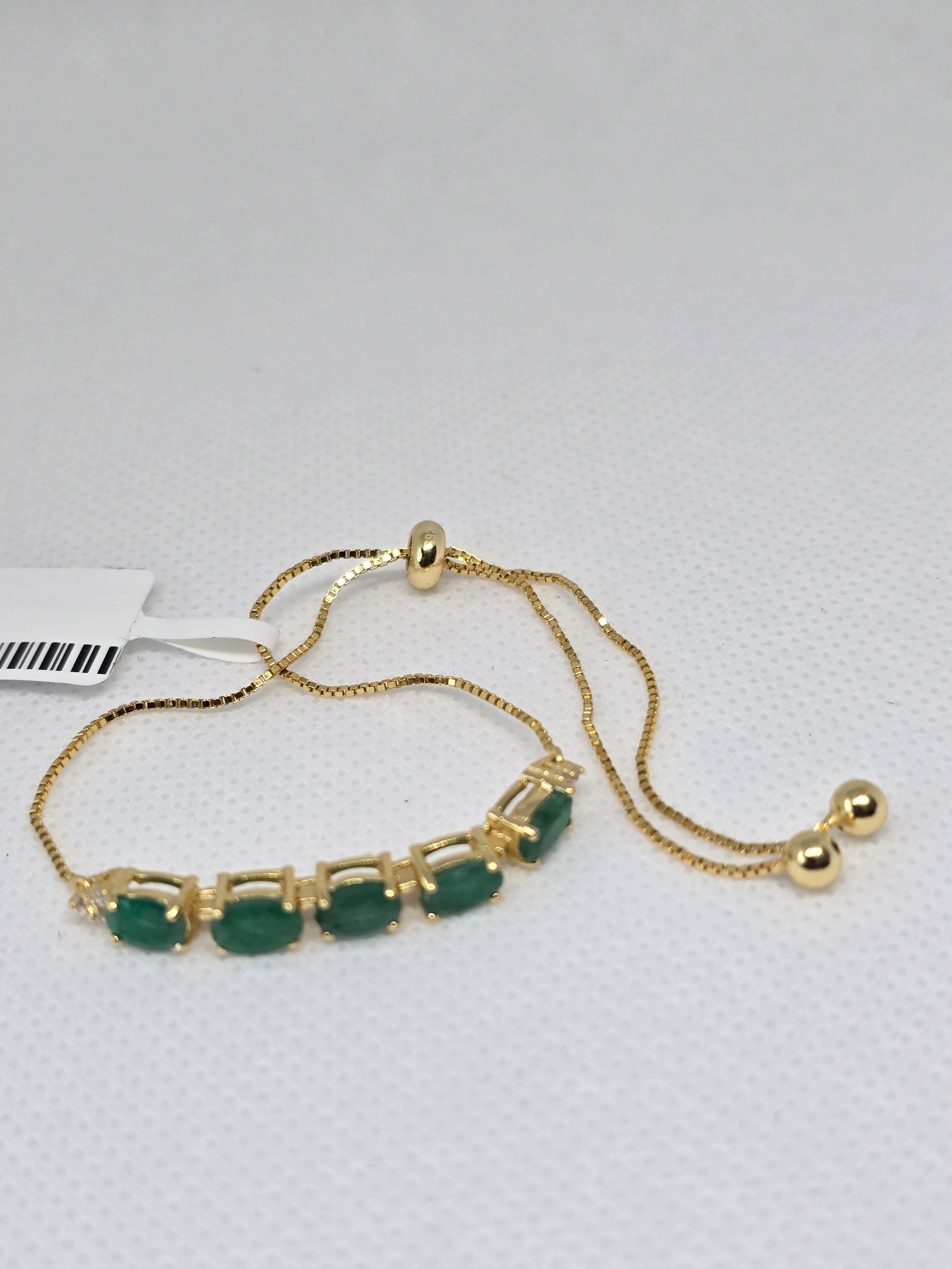 Natural Emerald Five-Stone Adjustable Bracelet – S925 Yellow Gold Plated