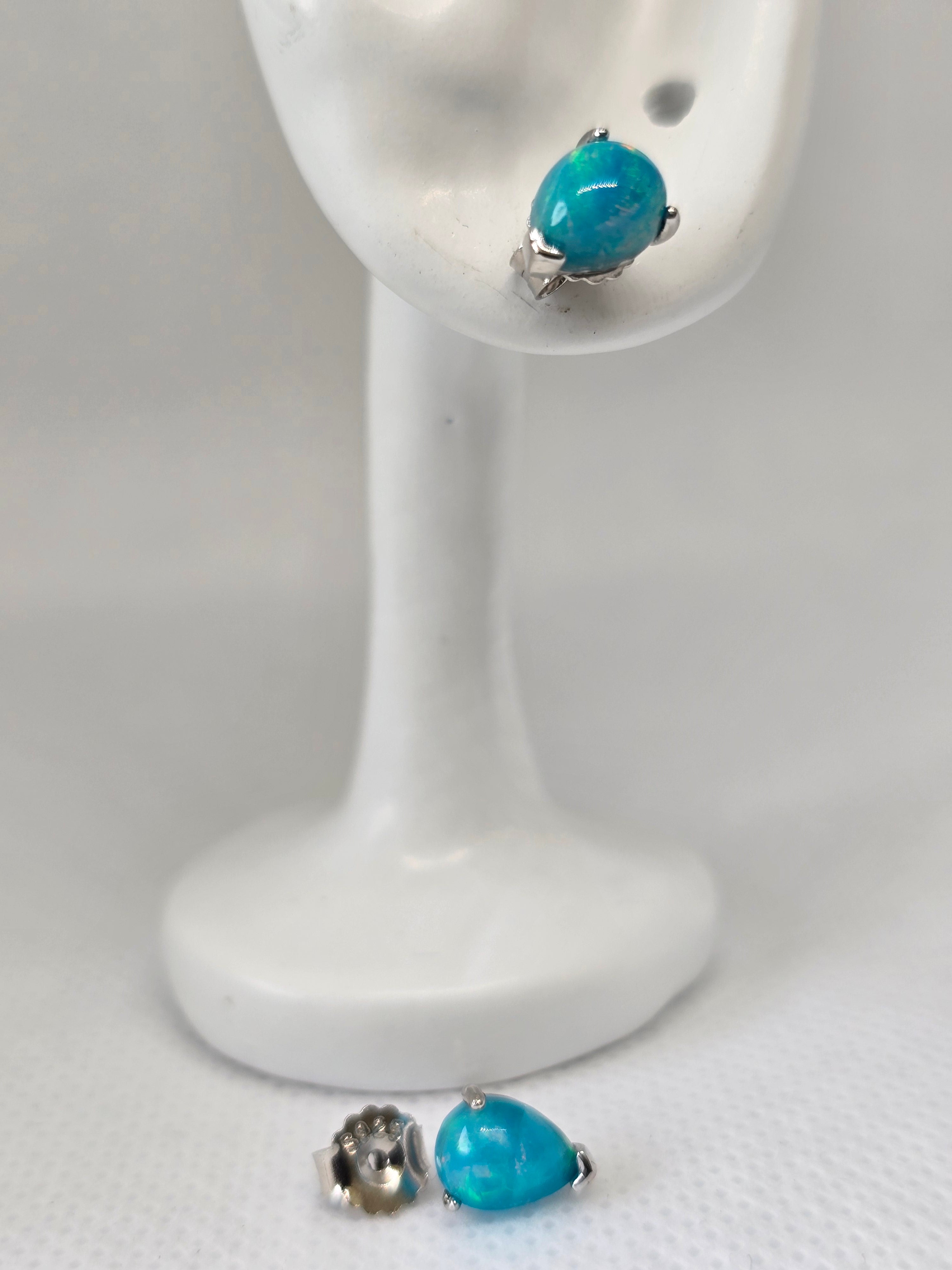 Blue Opal Teardrop Stud Earrings – S925 Sterling Silver