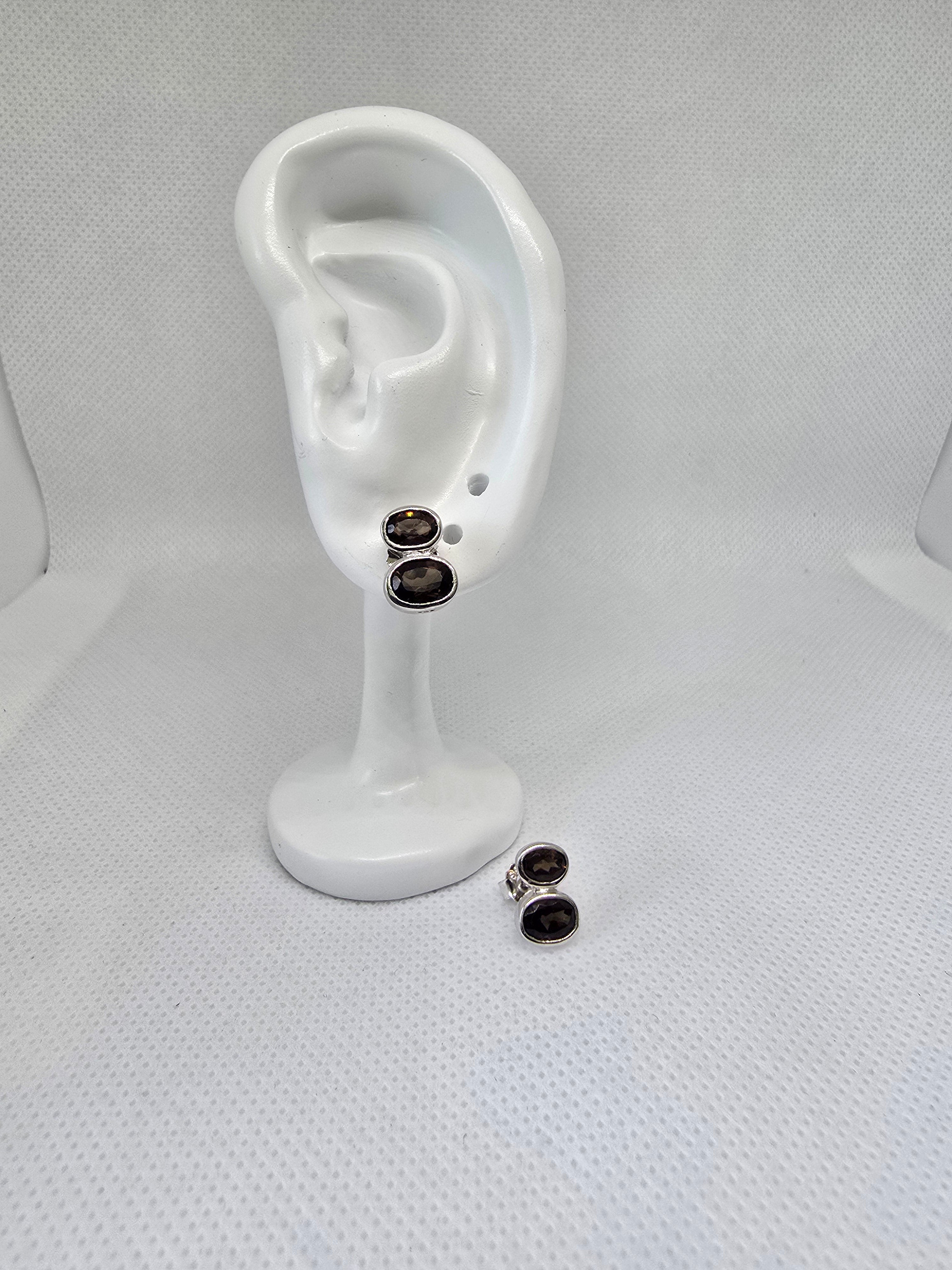 Smoky Quartz Double Oval Stud Earrings in S925 Silver