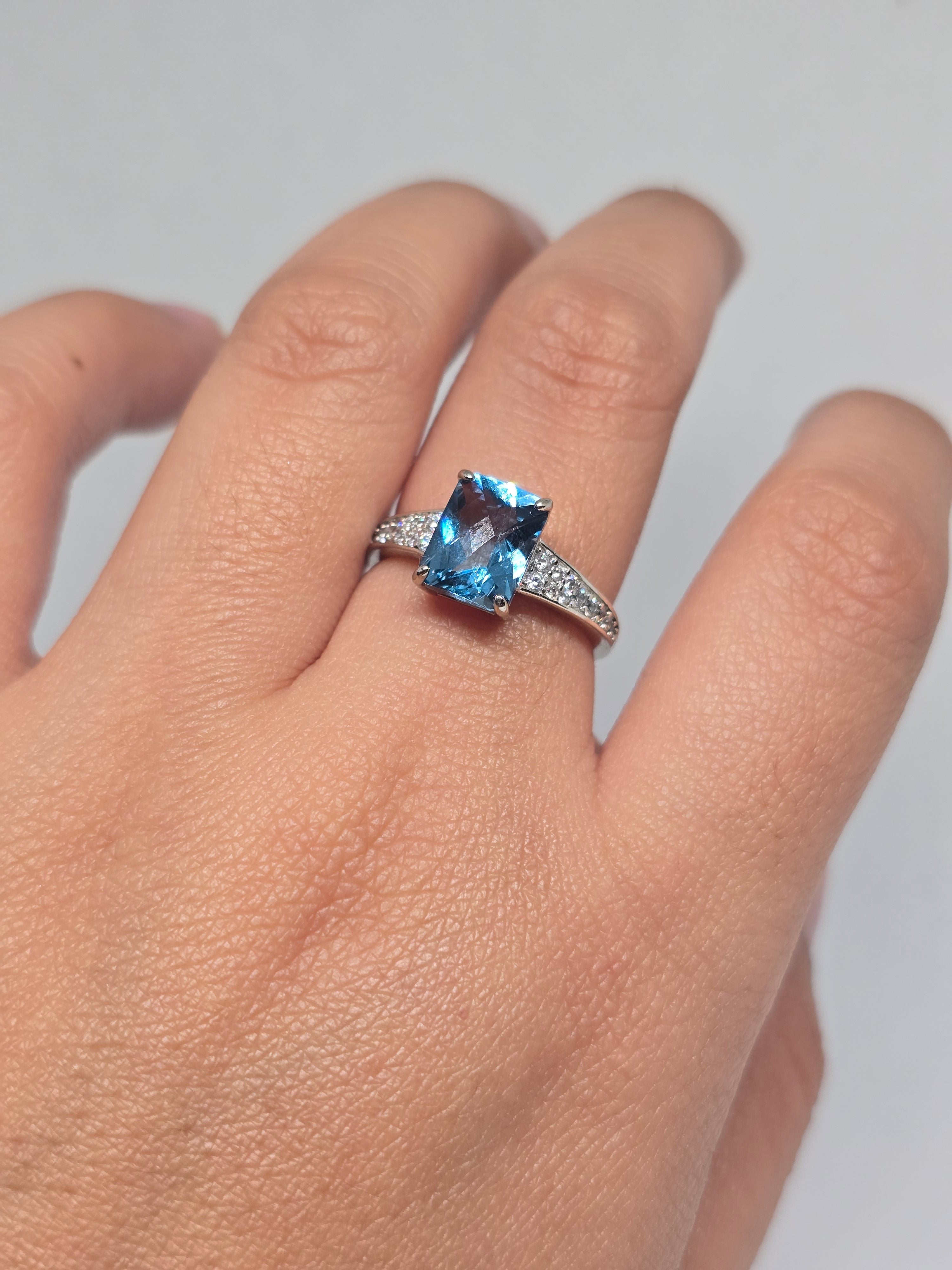 London Blue Topaz Cushion Cut Ring with White Topaz Pavé in S925 Silver