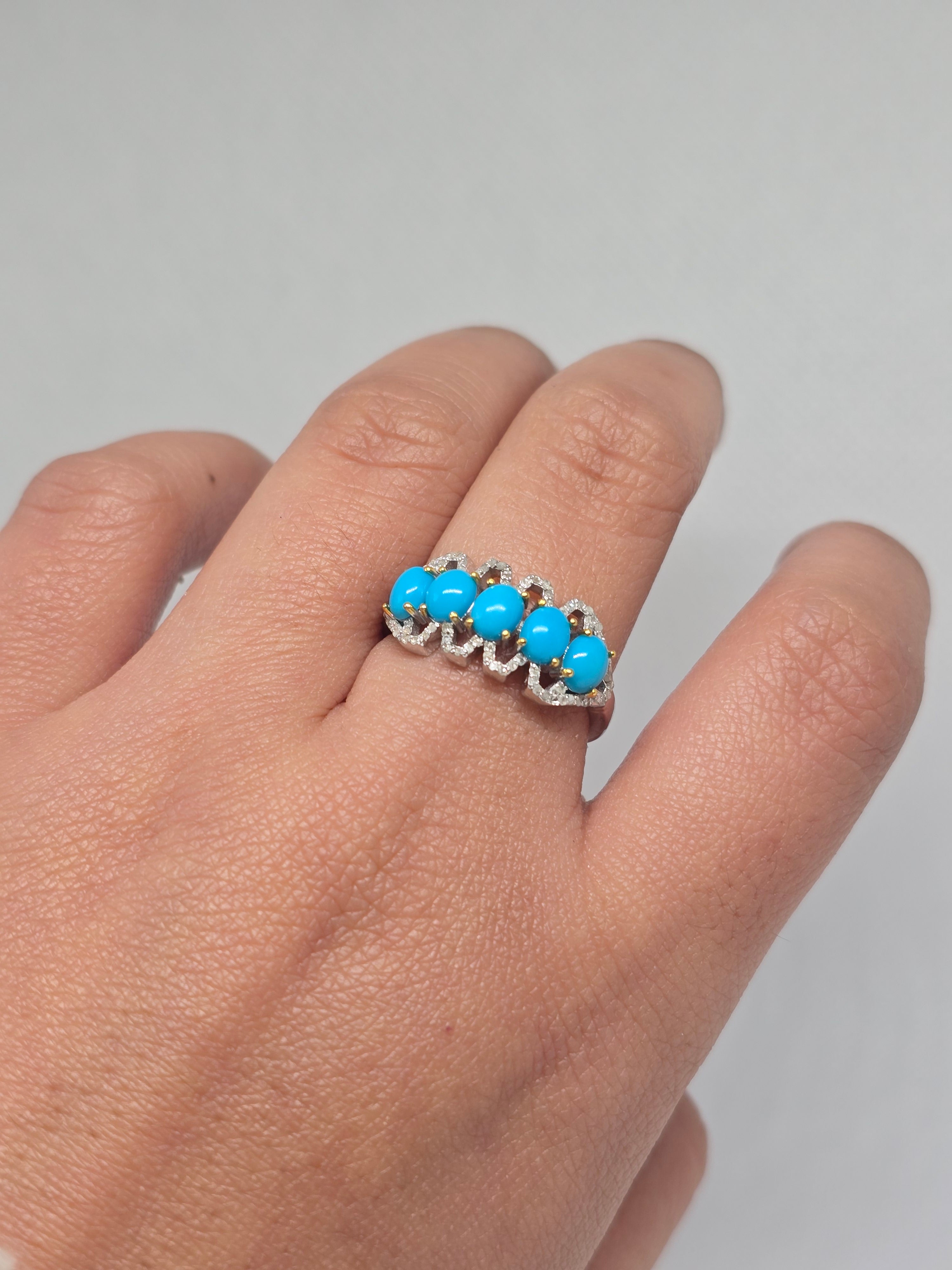 Natural Turquoise & Diamond Five-Stone Ring – S925 Sterling Silver | AGA Certified