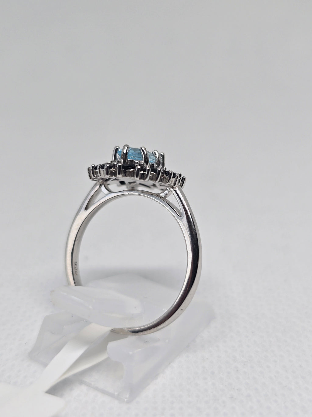 Blue Topaz & Black Spinel Starburst Halo Ring in S925 Silver