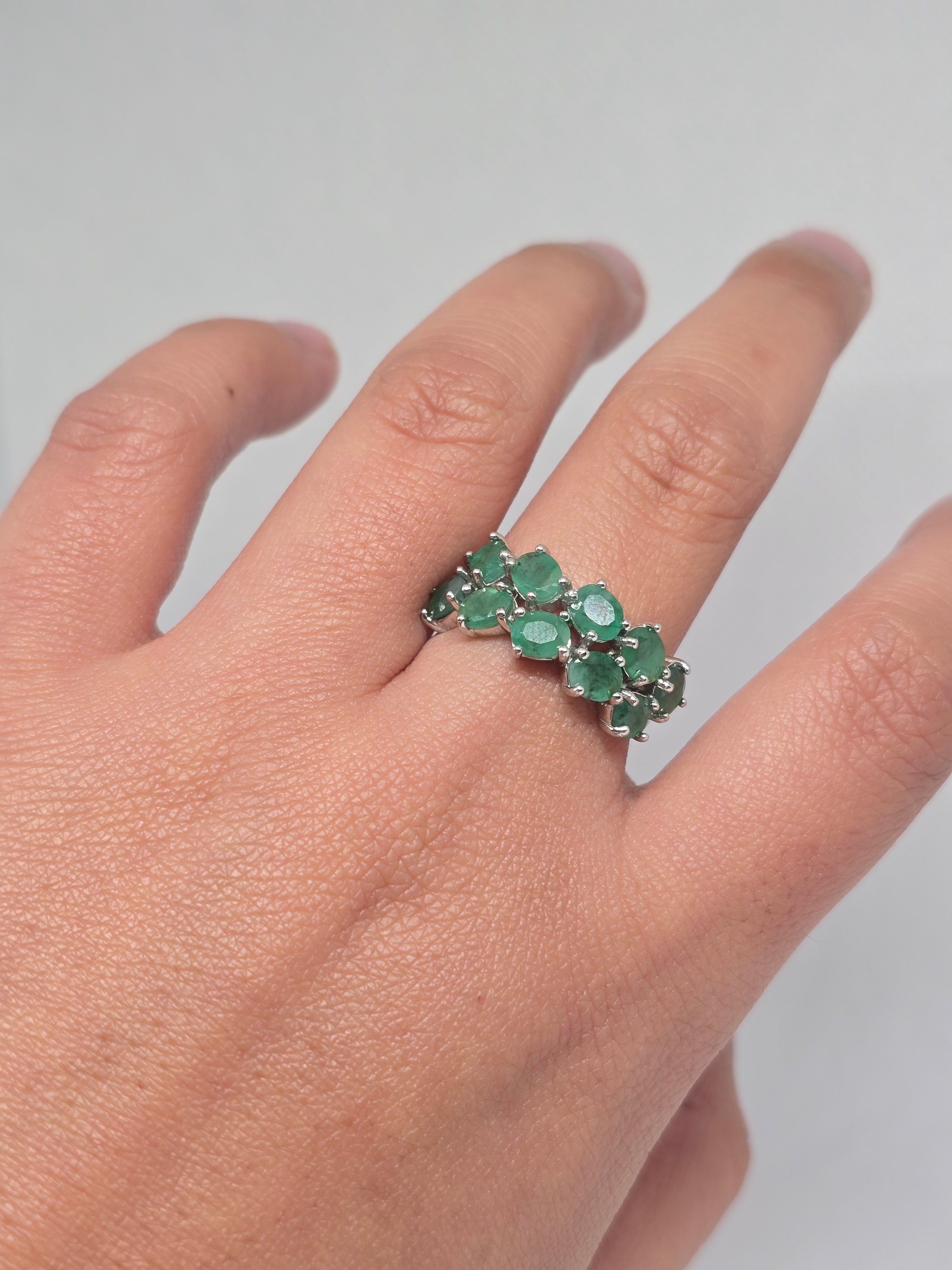 Natural Emerald Cluster Ring – S925 Sterling Silver