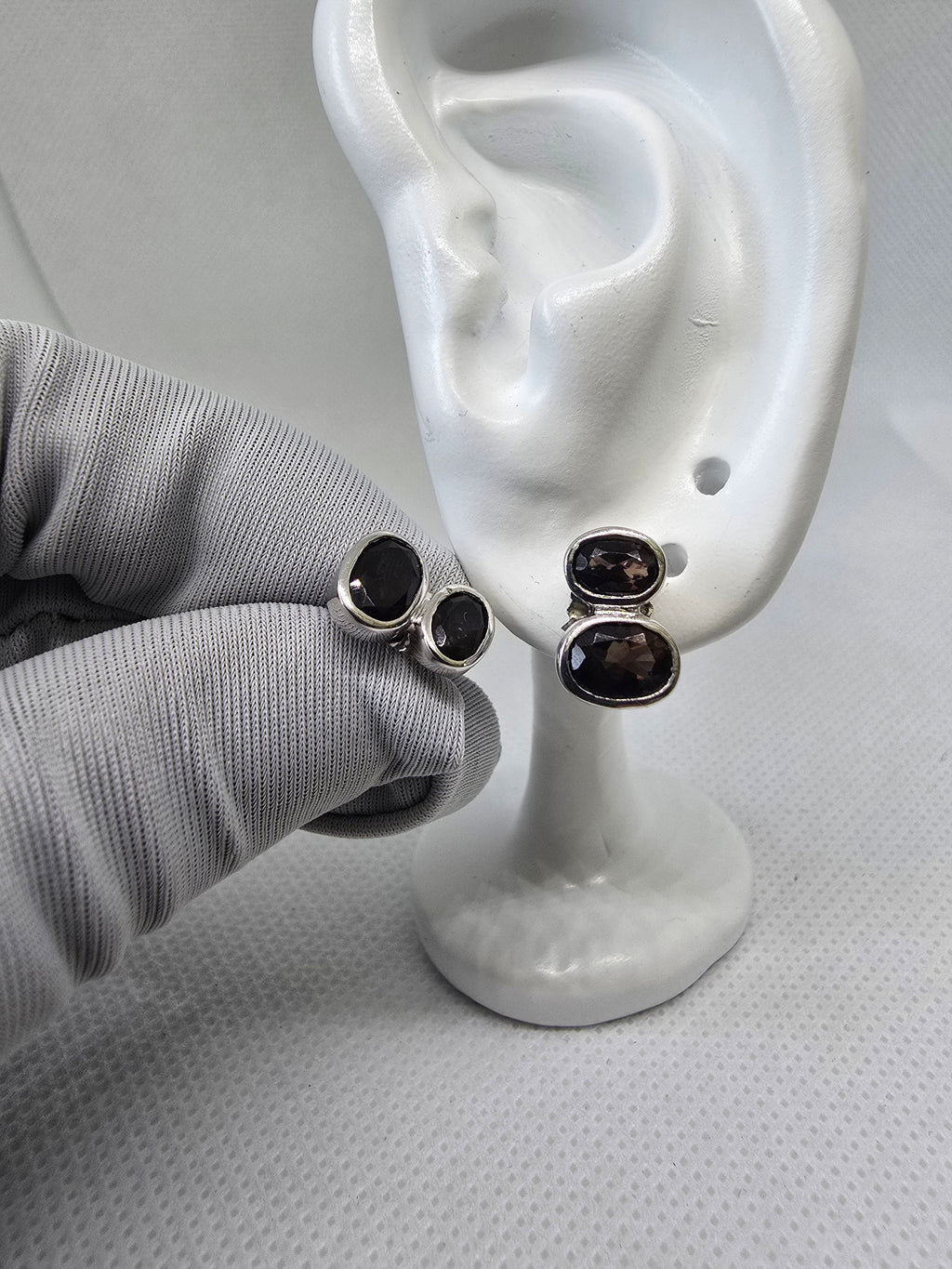 Smoky Quartz Double Oval Stud Earrings in S925 Silver