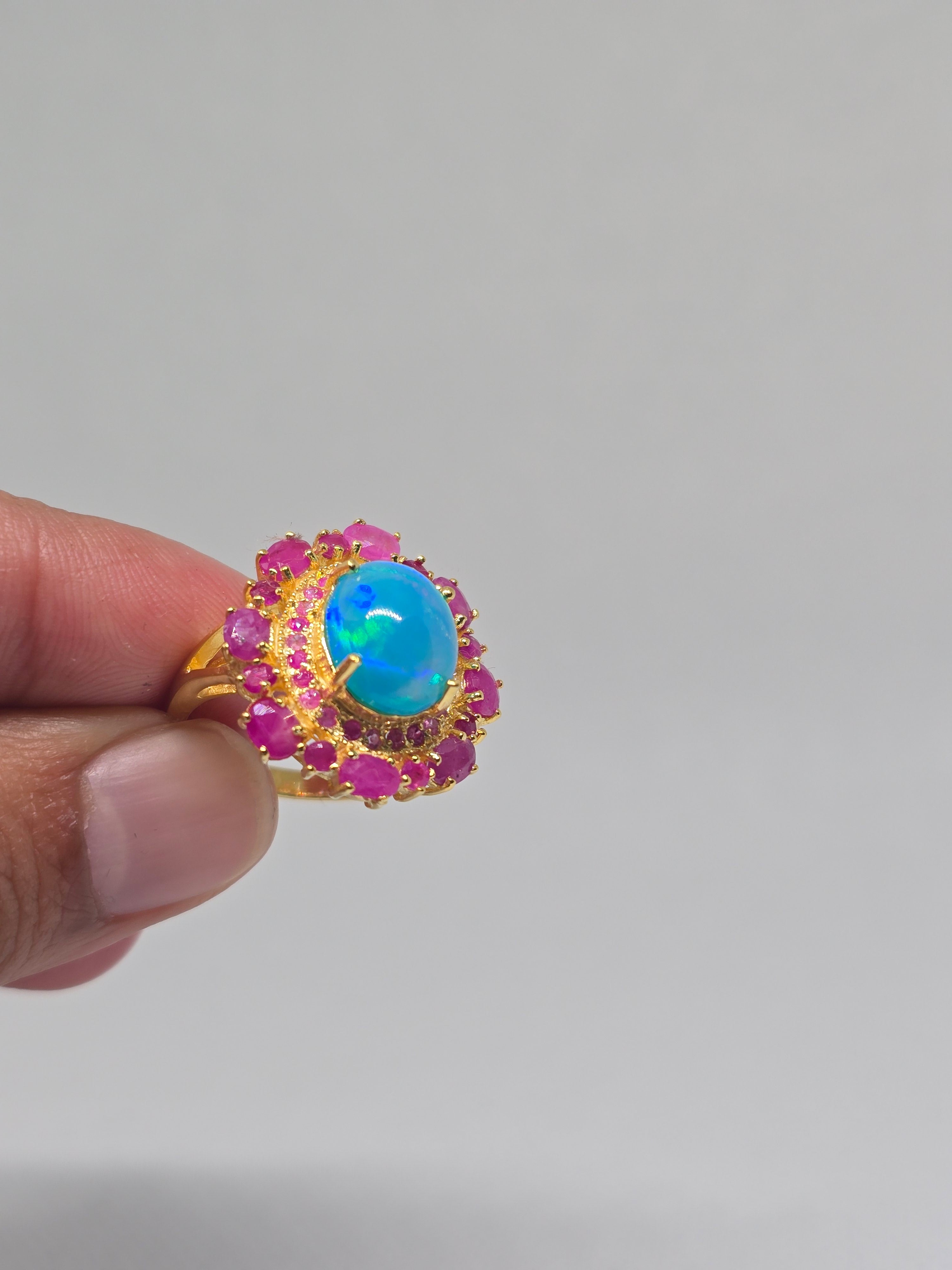 Blue Opal & Ruby Halo Ring – S925 Yellow Gold Plated