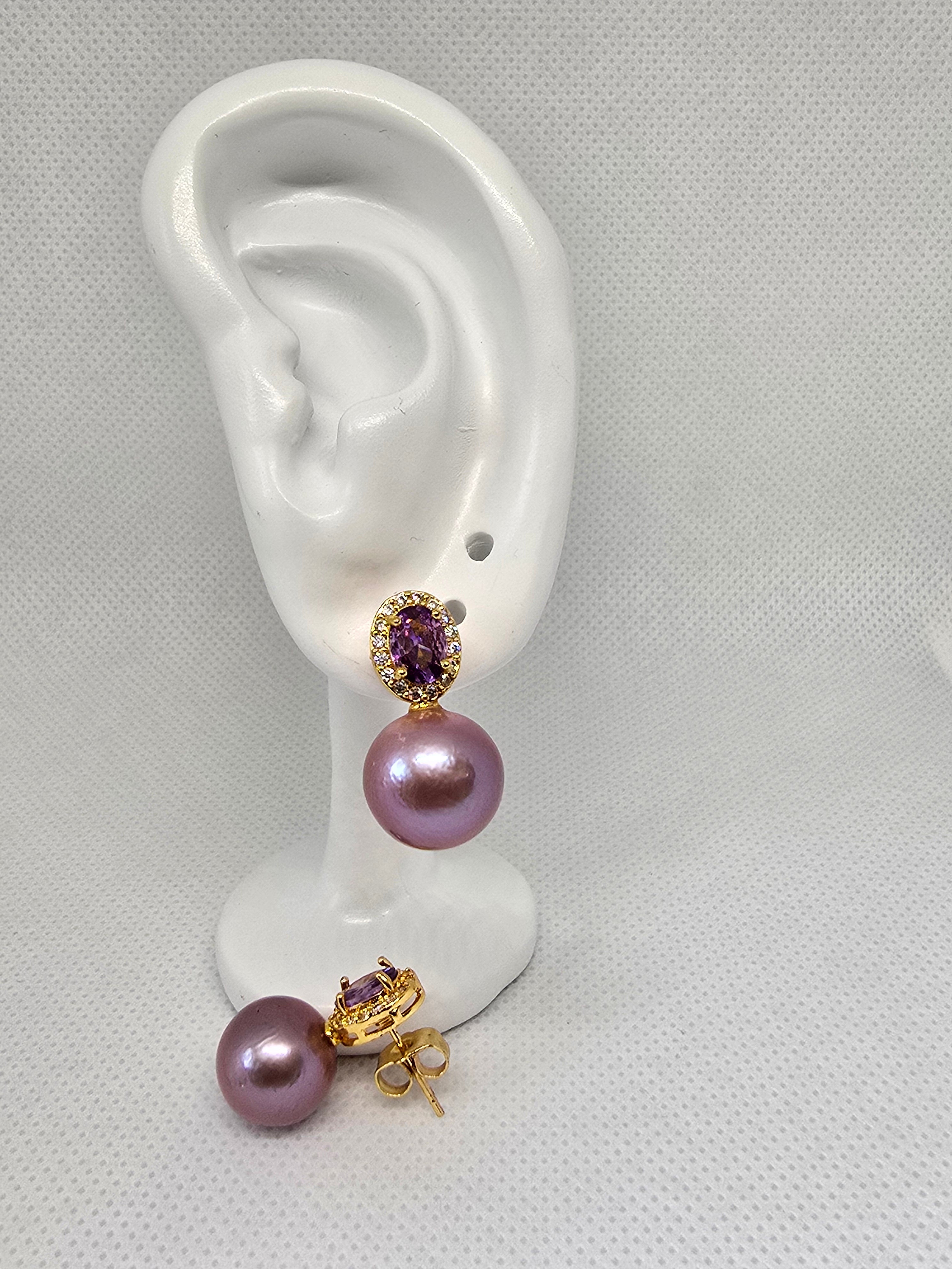 Authentic Edison Pearl & Amethyst Drop Earrings — 5 Micron Gold