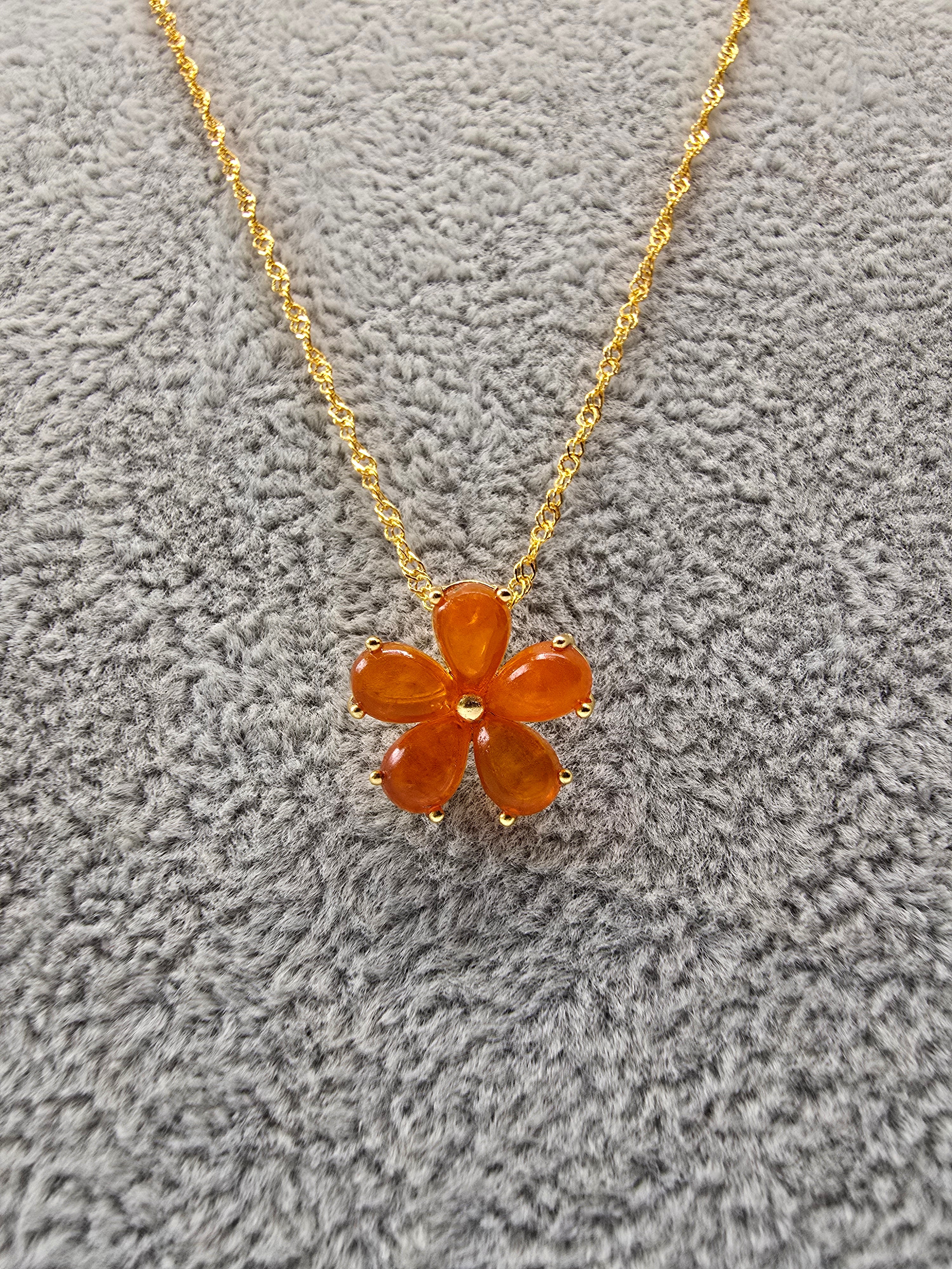 Natural Orange Opal Flower Pendant — S925 Yellow Gold