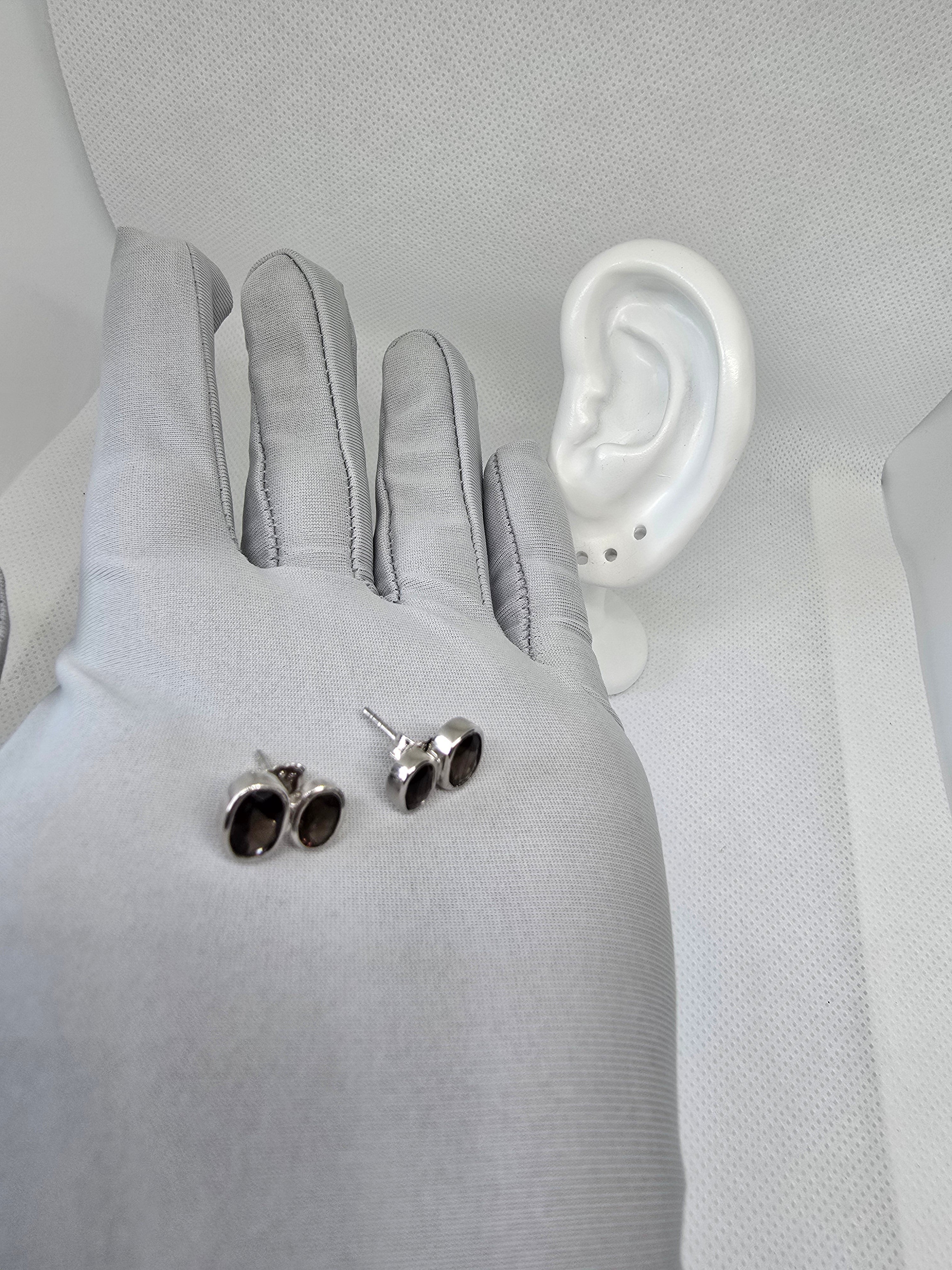 Smoky Quartz Double Oval Stud Earrings in S925 Silver
