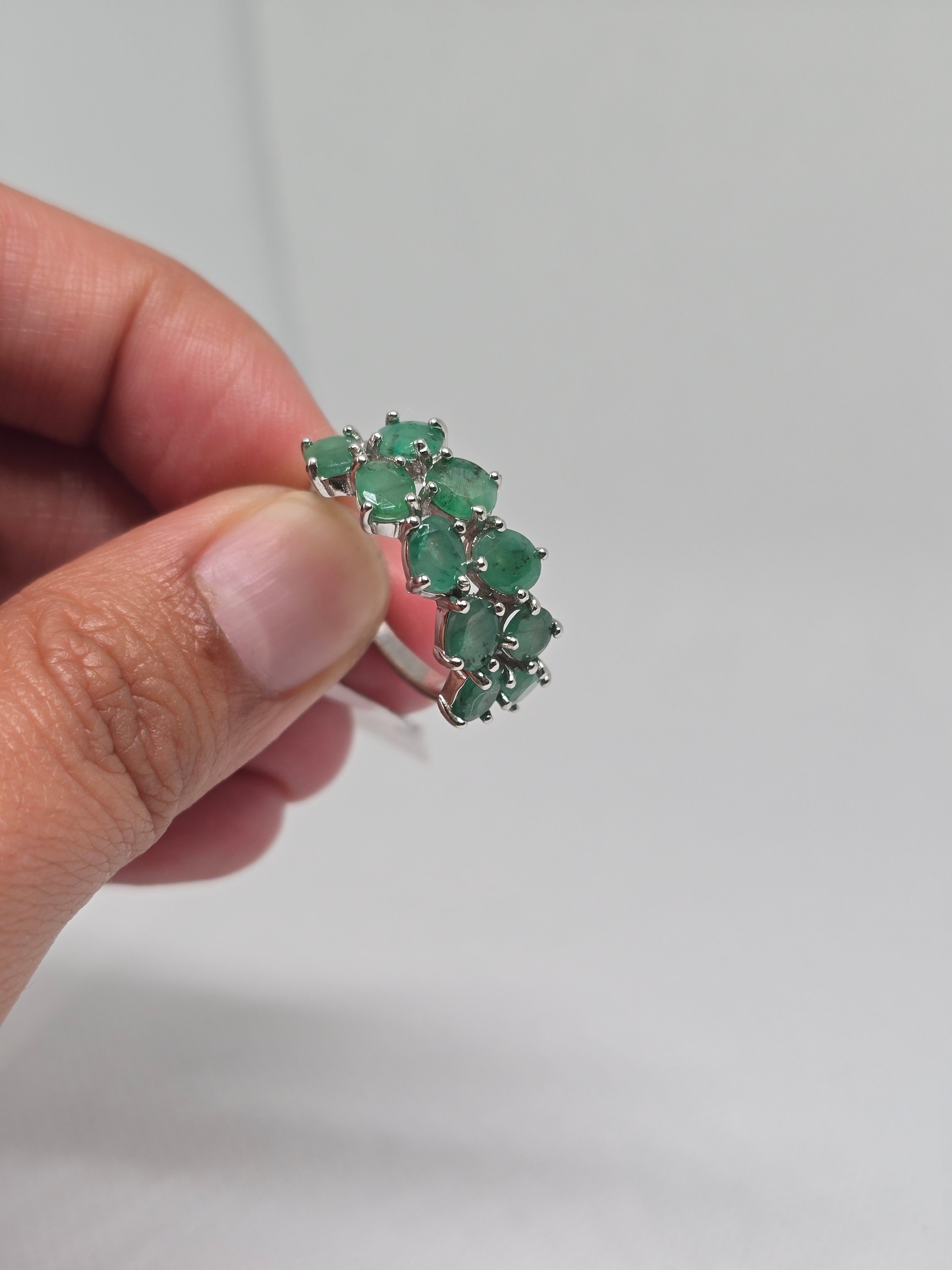 Natural Emerald Cluster Ring – S925 Sterling Silver