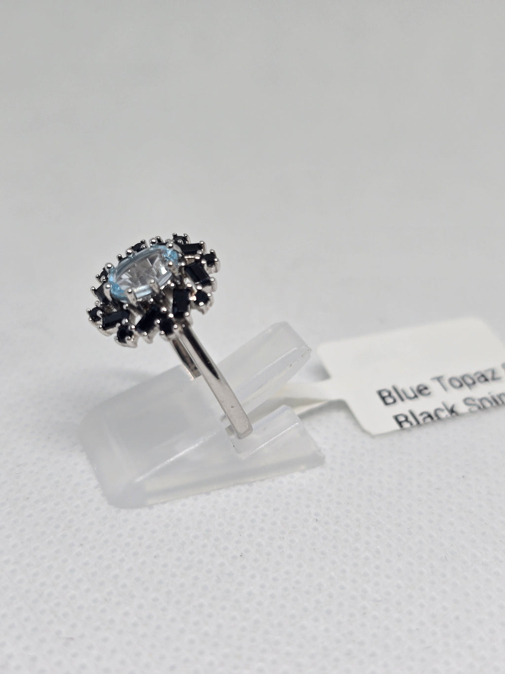 Blue Topaz & Black Spinel Starburst Halo Ring in S925 Silver