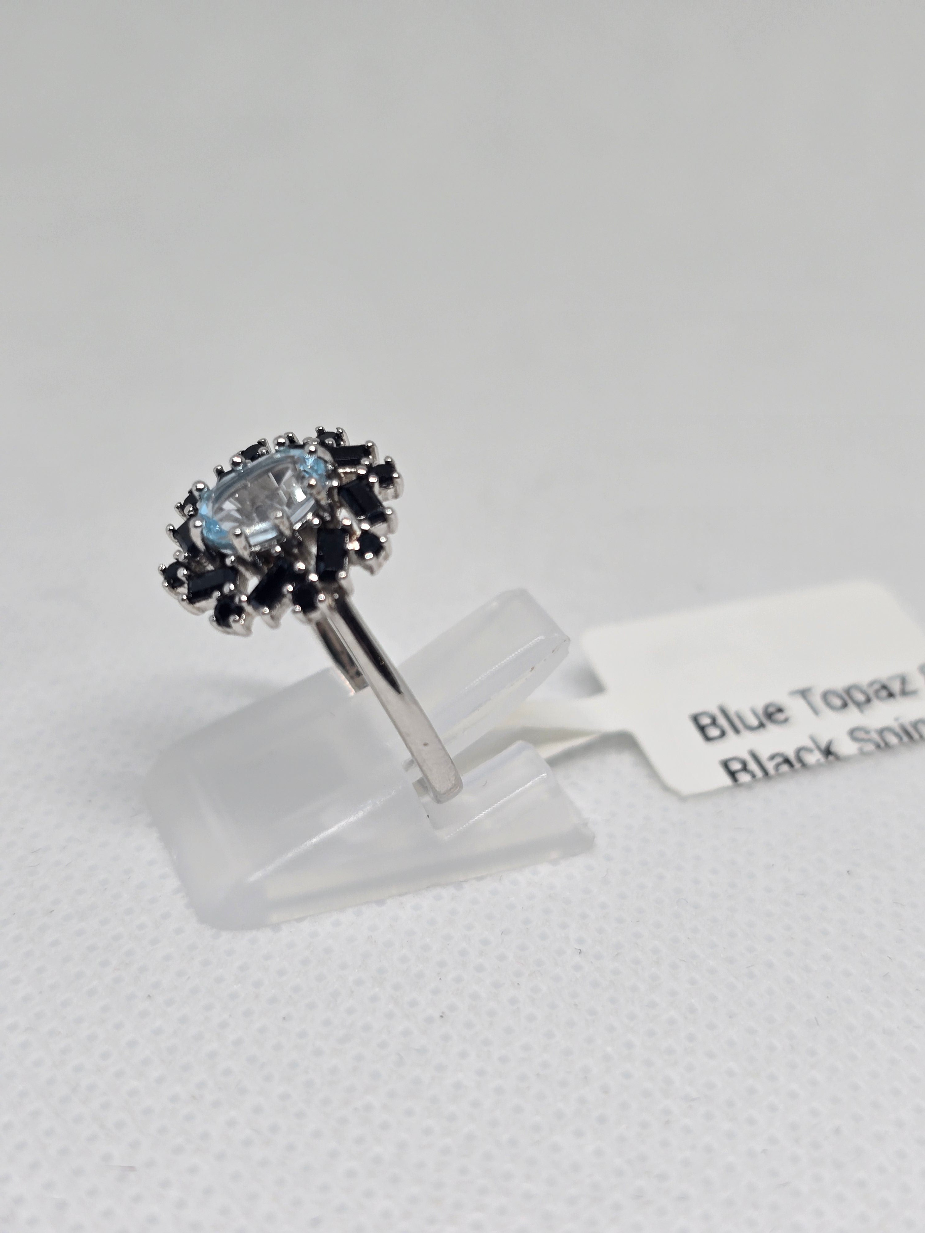 Blue Topaz & Black Spinel Starburst Halo Ring in S925 Silver