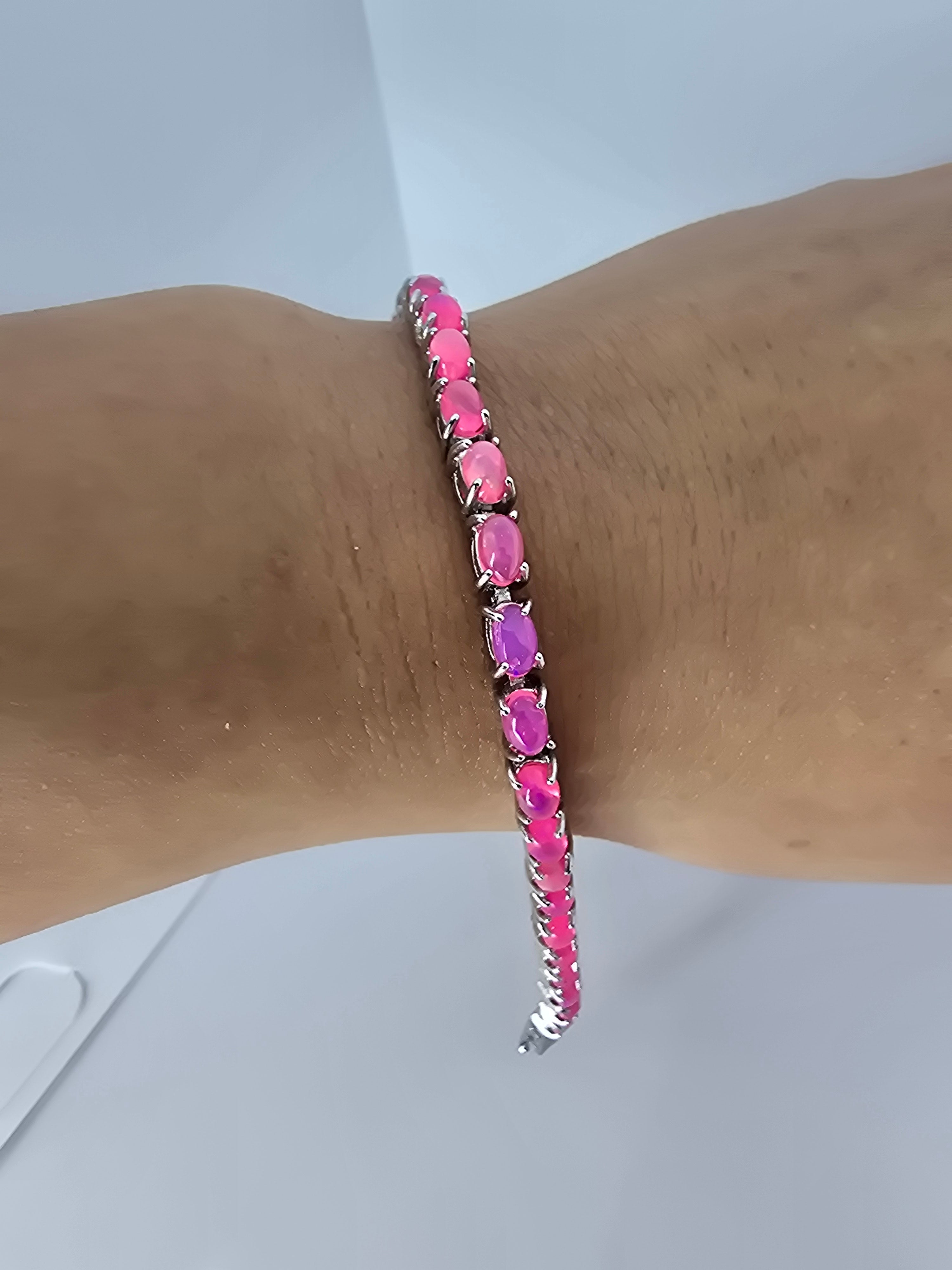Pink Opal Tennis Bracelet | S925 Sterling Silver | 30 Stones | 7 in.
