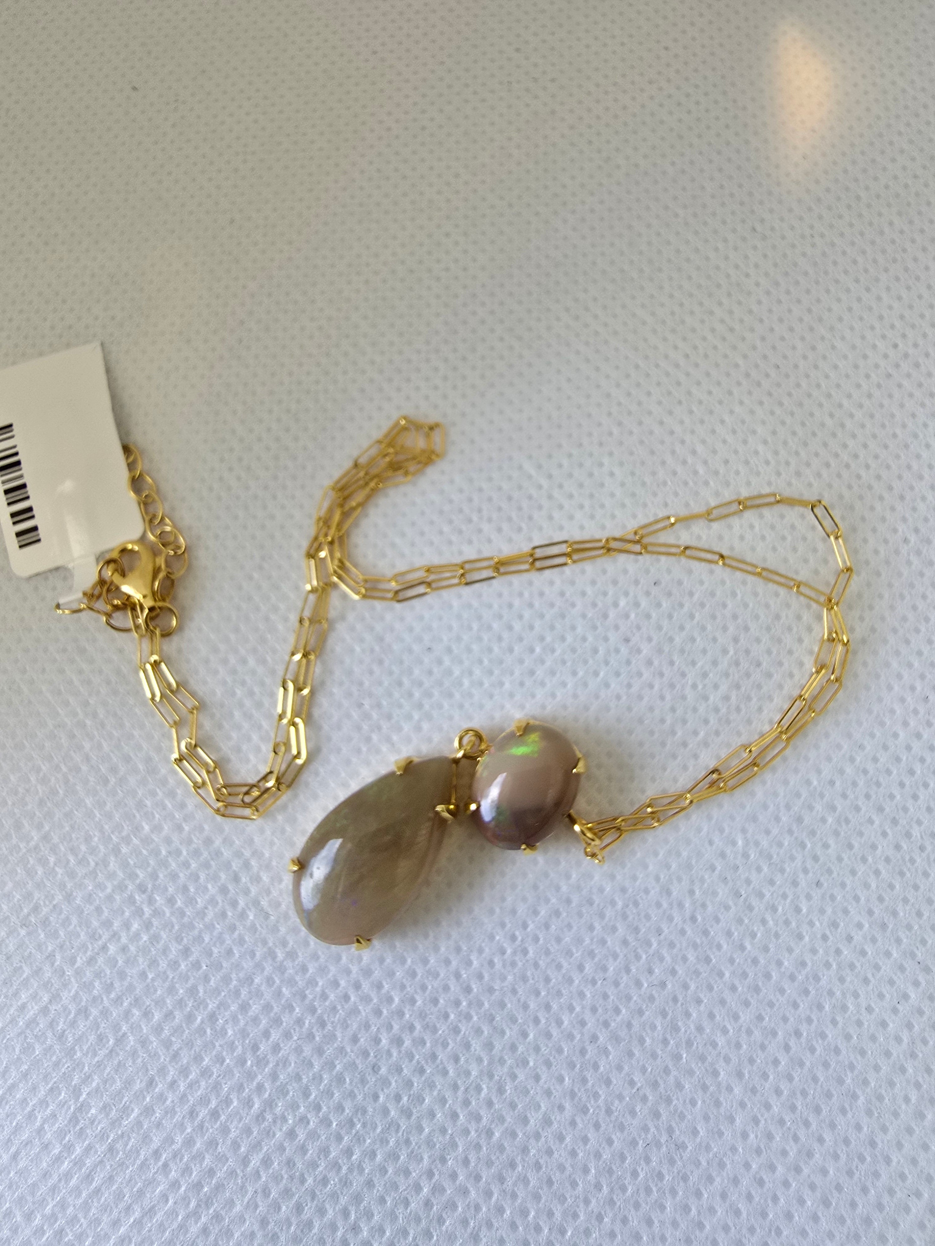 Ethiopian Opal Double Drop Necklace | S925 Yellow Gold Setting