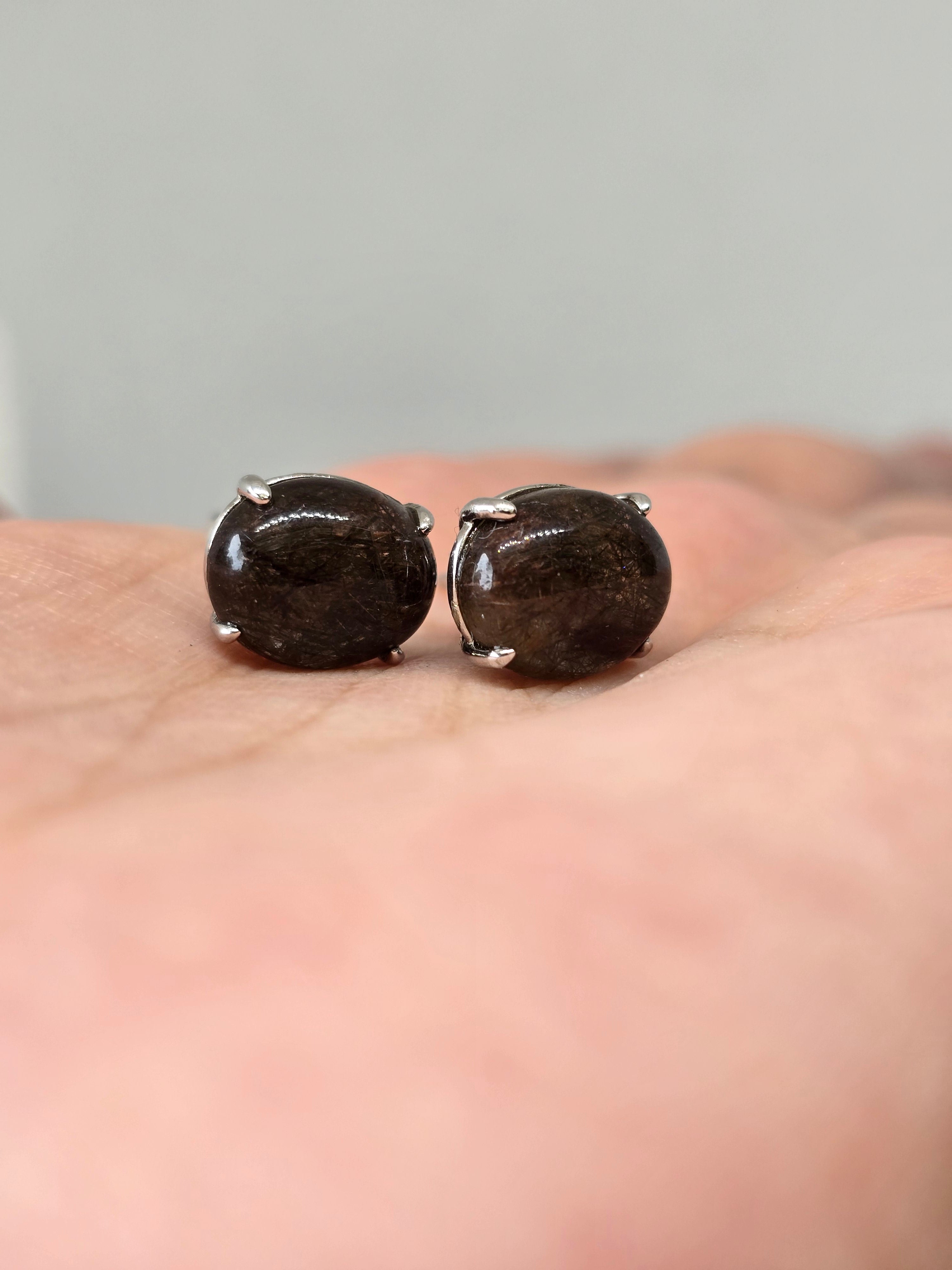 Black Rutile Quartz Stud Earrings – S925 Sterling Silver