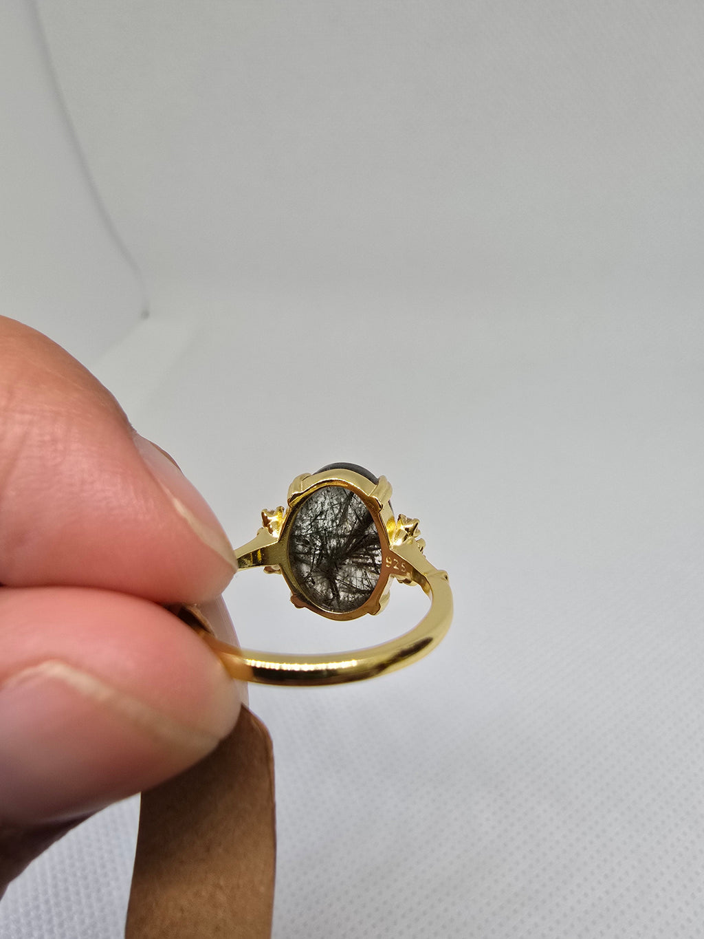 Natural Black Rutile Quartz Ring S925 Yellow Gold