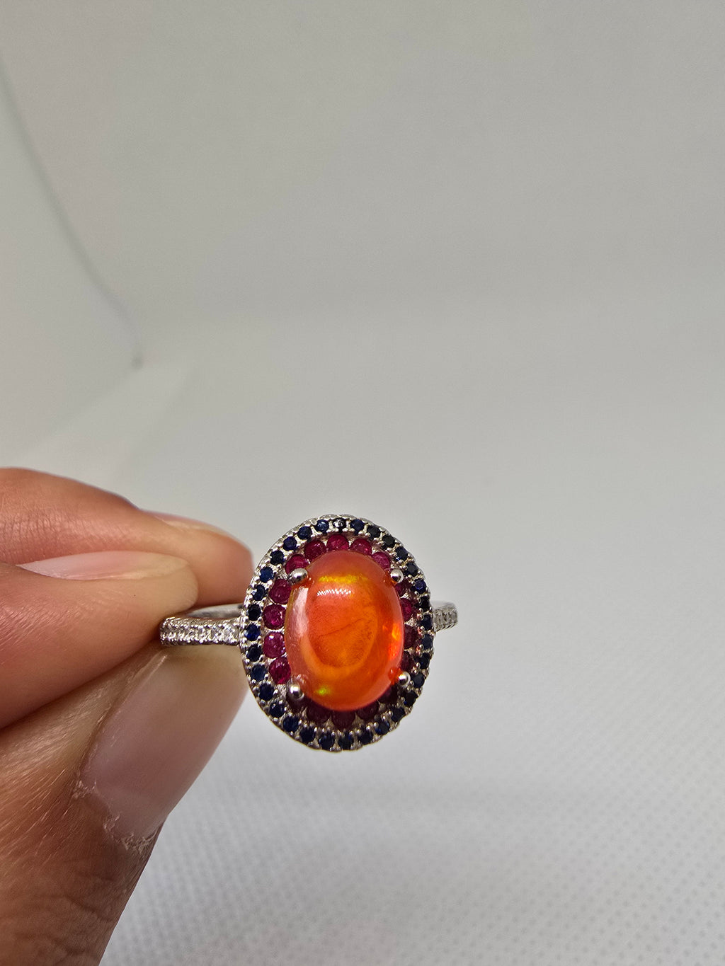 Natural Orange Fire Opal & Ruby Ring S925