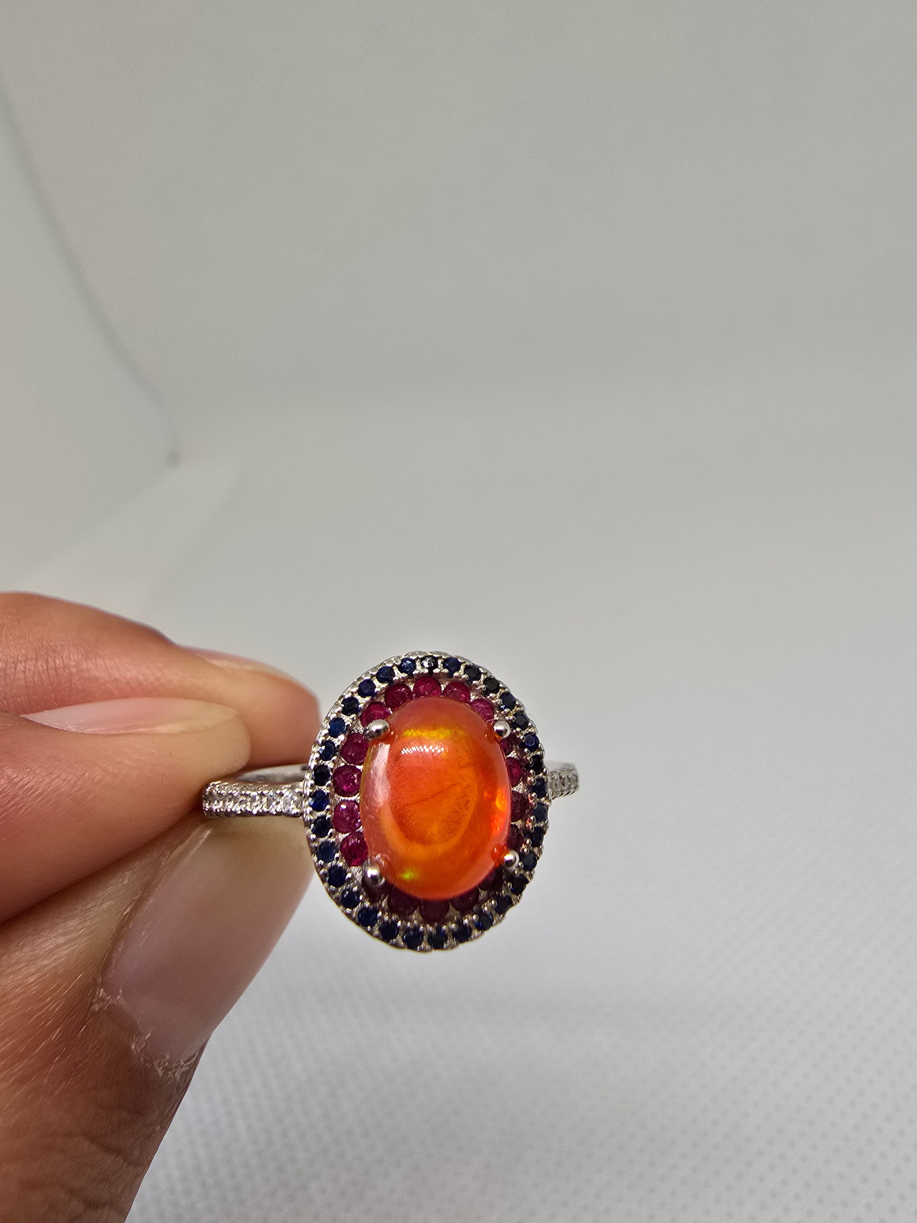 Natural Orange Fire Opal & Ruby Ring S925