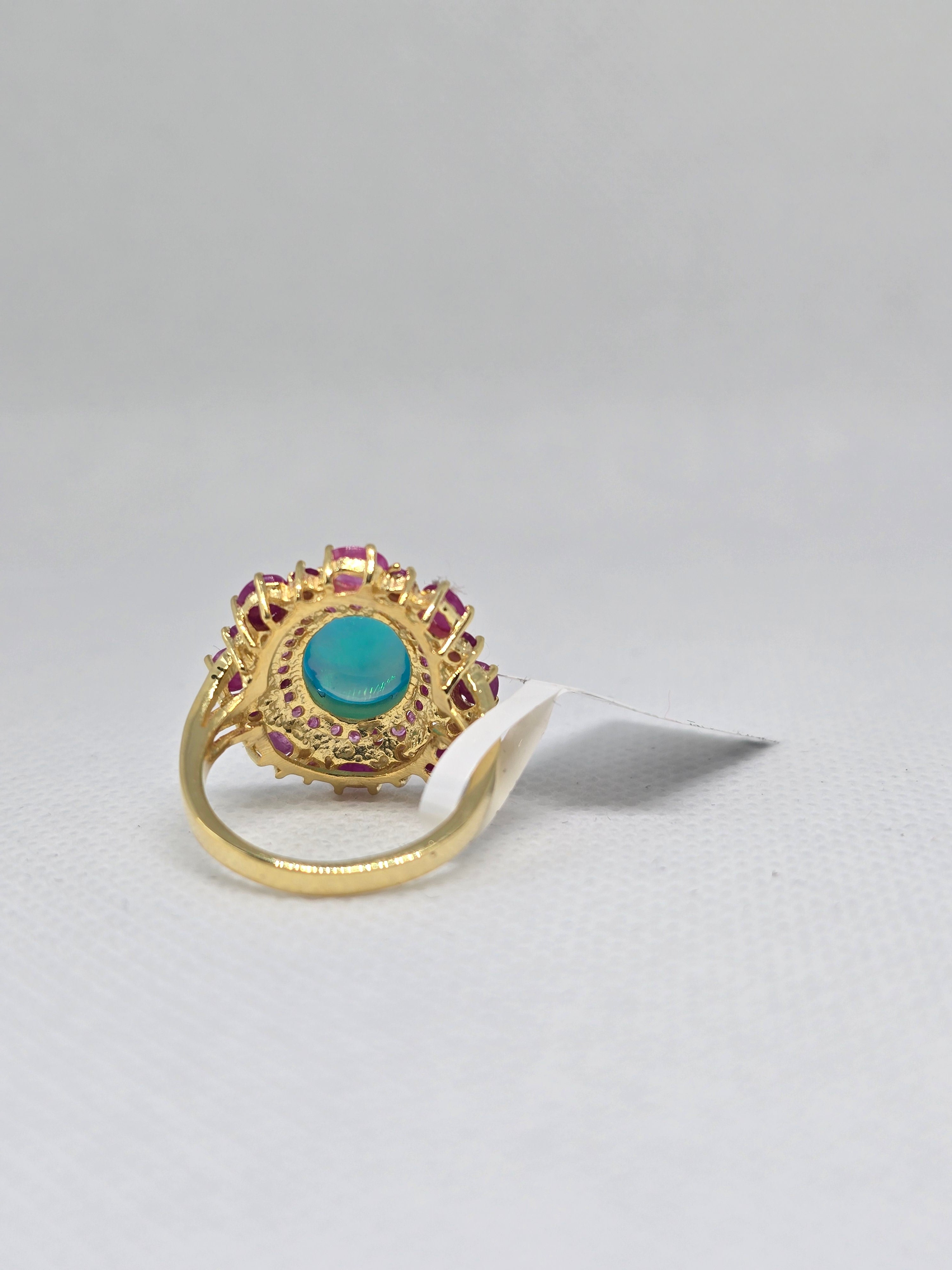 Blue Opal & Ruby Halo Ring – S925 Yellow Gold Plated