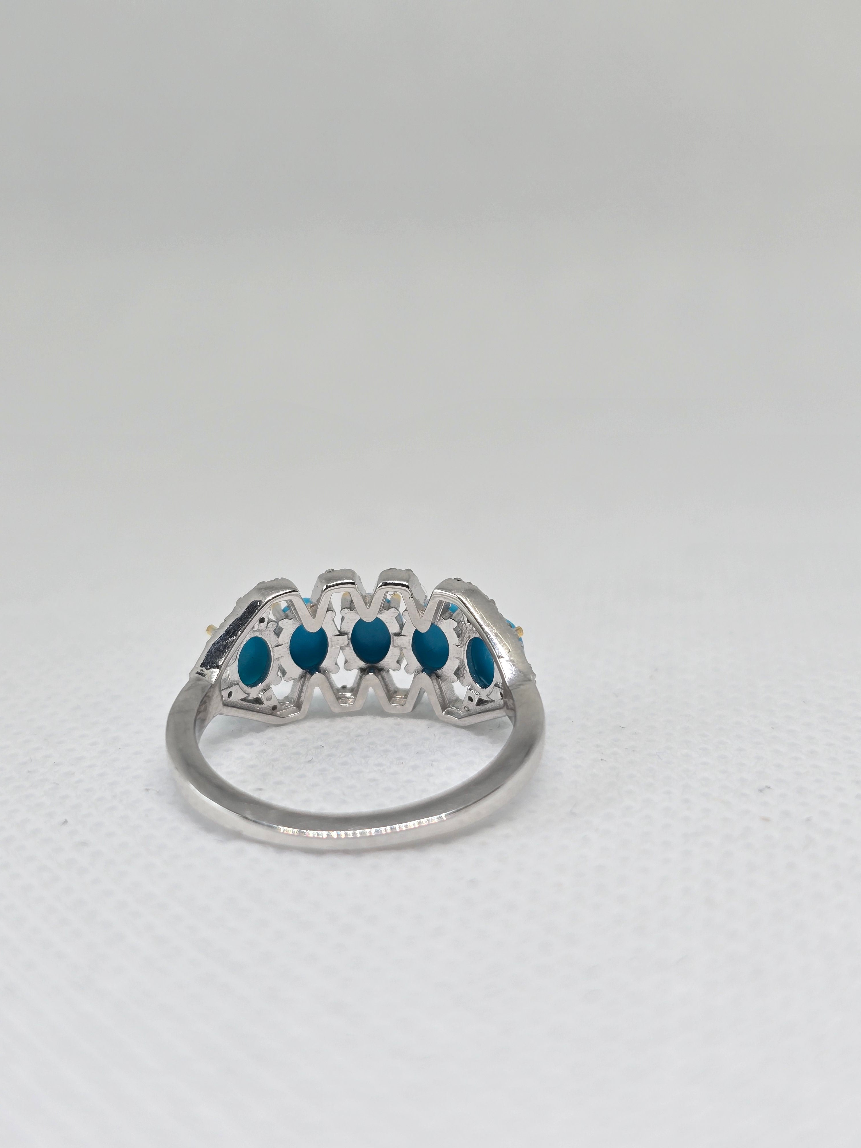 Natural Turquoise & Diamond Five-Stone Ring – S925 Sterling Silver | AGA Certified