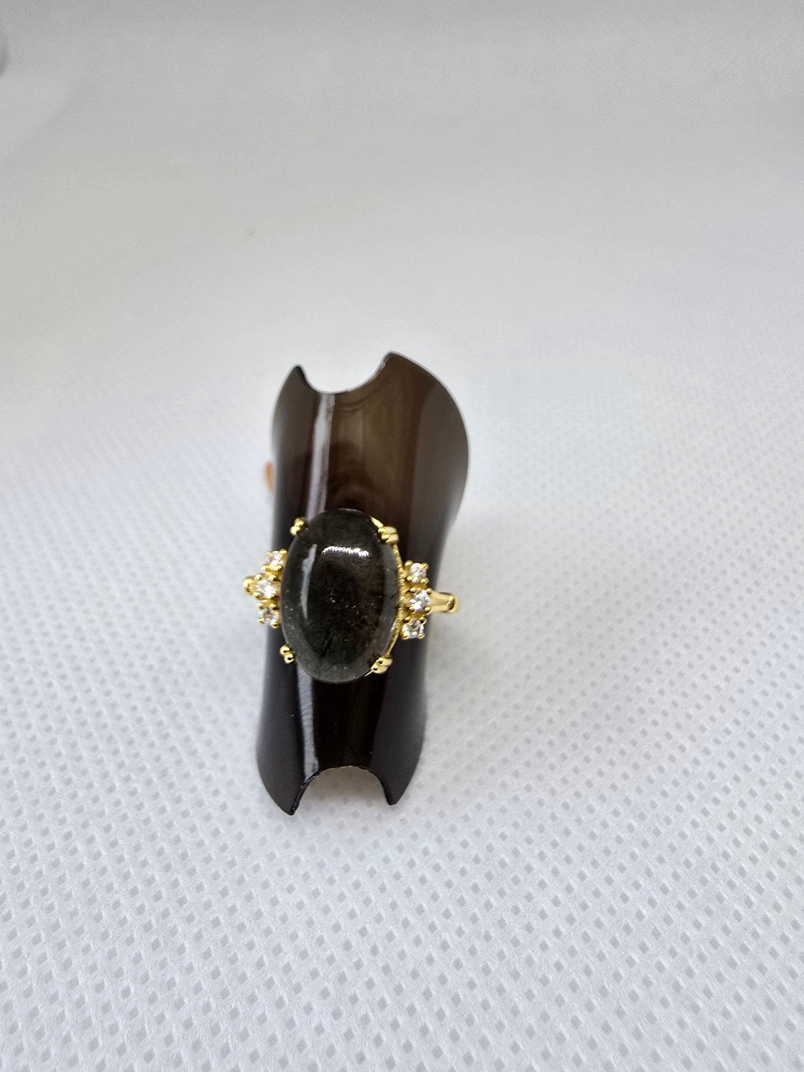 Natural Black Rutile Quartz Ring S925 Yellow Gold