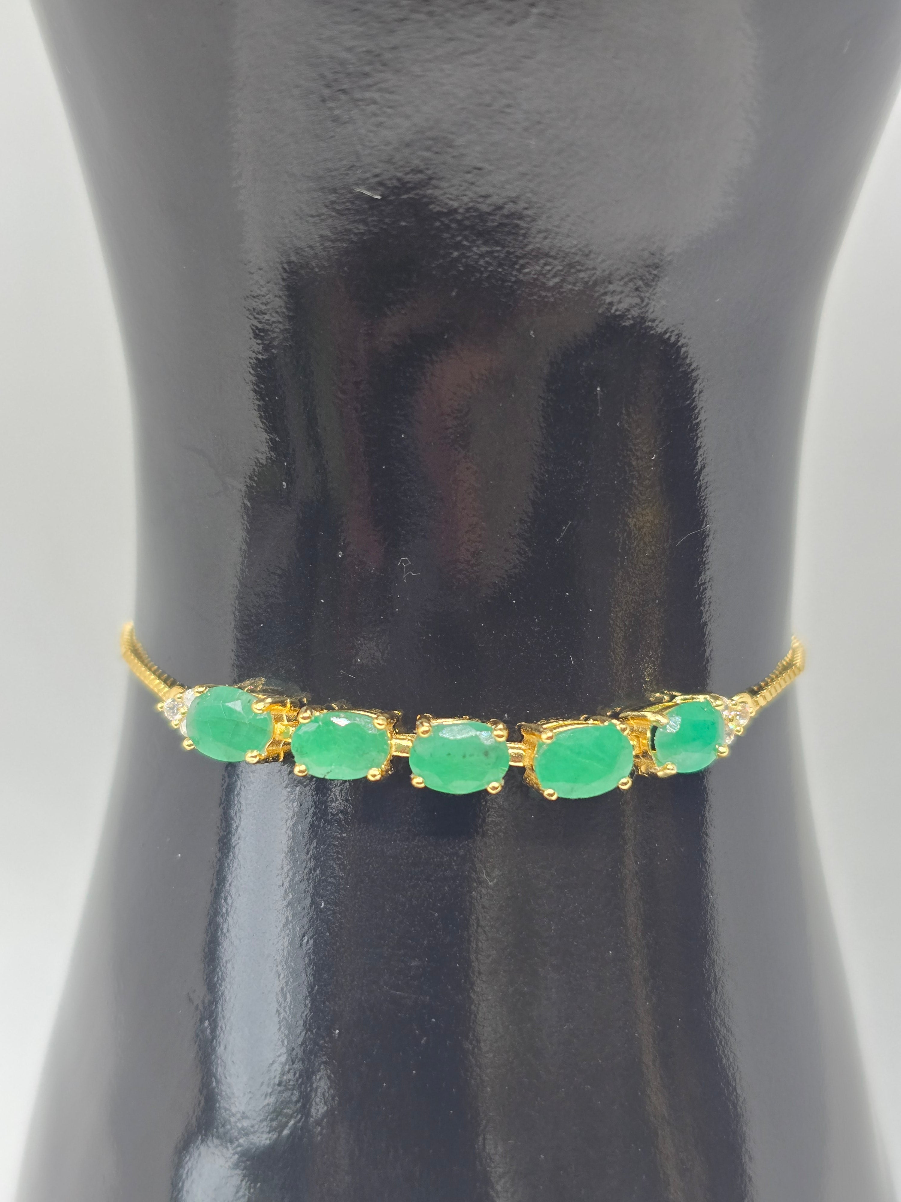 Natural Emerald Five-Stone Adjustable Bracelet – S925 Yellow Gold Plated